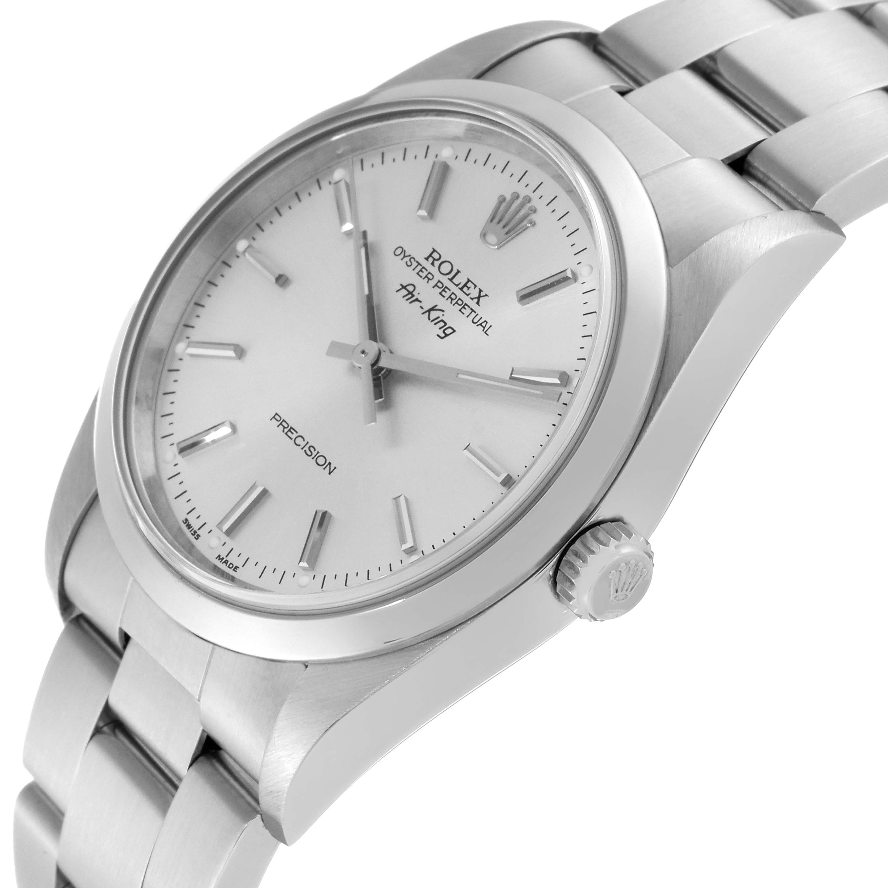The image shows a Rolex Air-King 14000 Men's Stainless Steel Silver Dial 14000 Men's Stainless Steel Silver Dial watch from a slightly tilted angle, featuring the dial, crown, and bracelet.