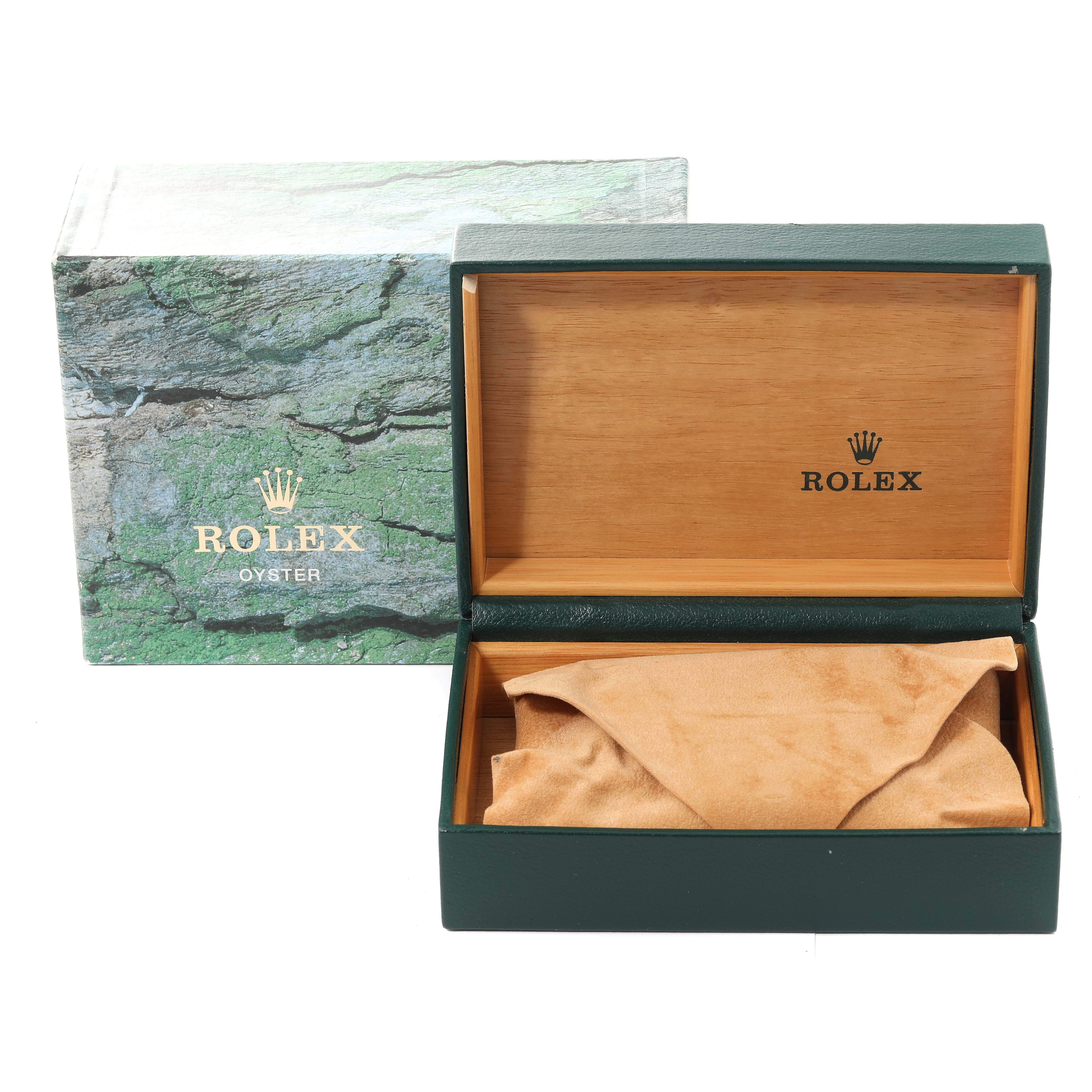 The image shows the open box and outer packaging for a Rolex Air-King 14000 Men's Stainless Steel Silver Dial 14000 Men's Stainless Steel Silver Dial watch, without the watch inside.