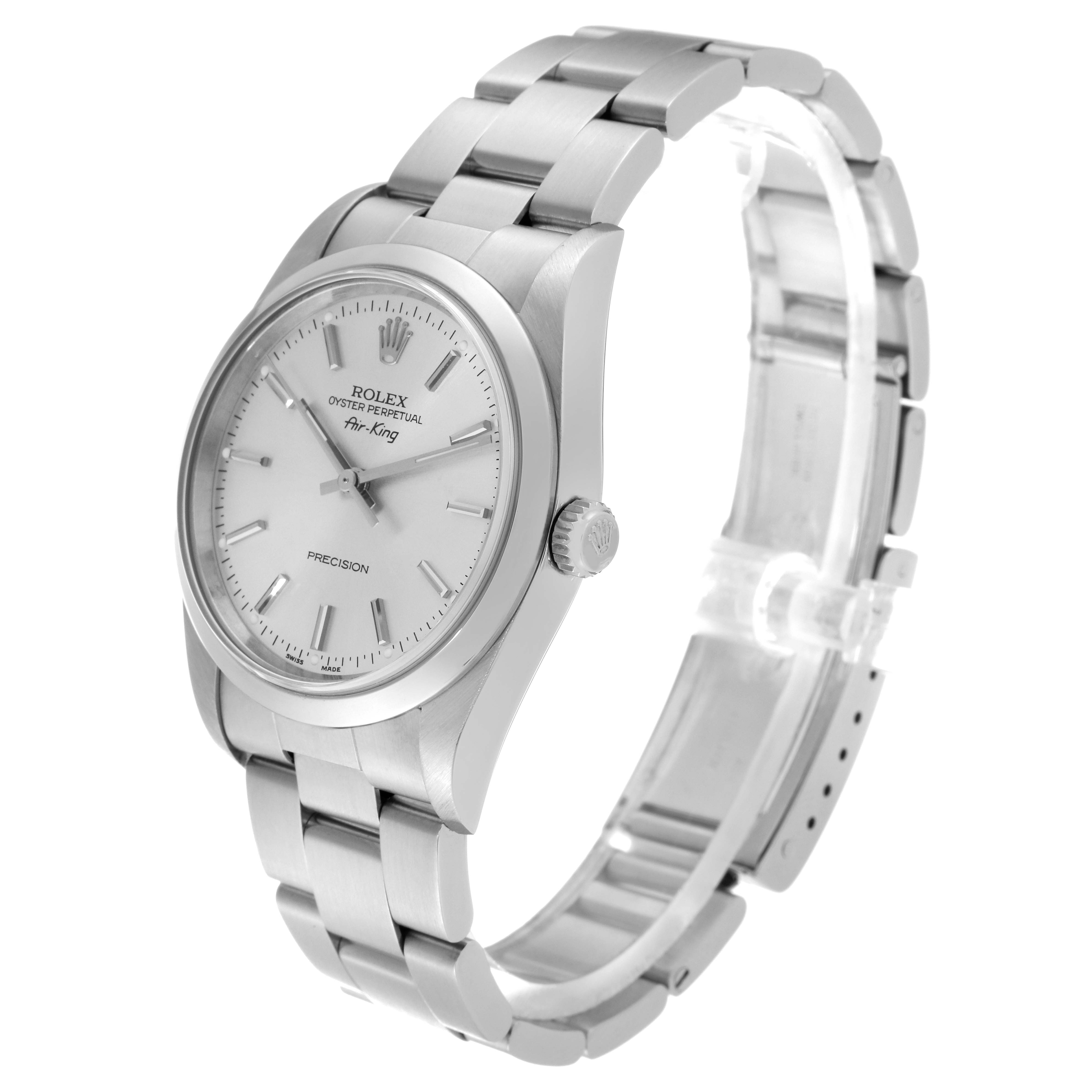 The image shows a Rolex Air-King 14000 Men's Stainless Steel Silver Dial 14000 Men's Stainless Steel Silver Dial watch, angled slightly to the left, displaying the face, strap, and crown.