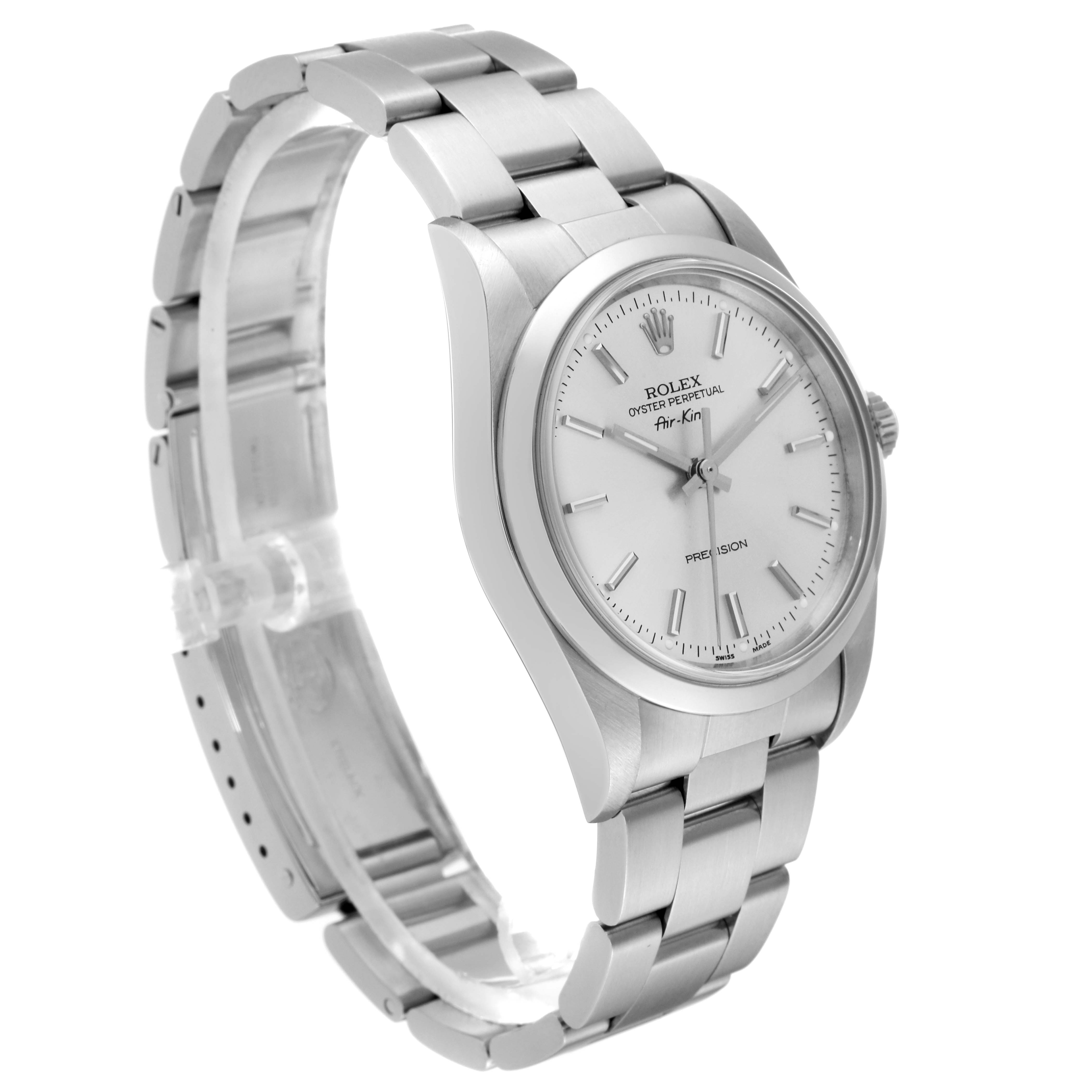 This Rolex Air-King 14000 Men's Stainless Steel Silver Dial 14000 Men's Stainless Steel Silver Dial watch is shown at a three-quarter angle, displaying the face, bezel, and bracelet.