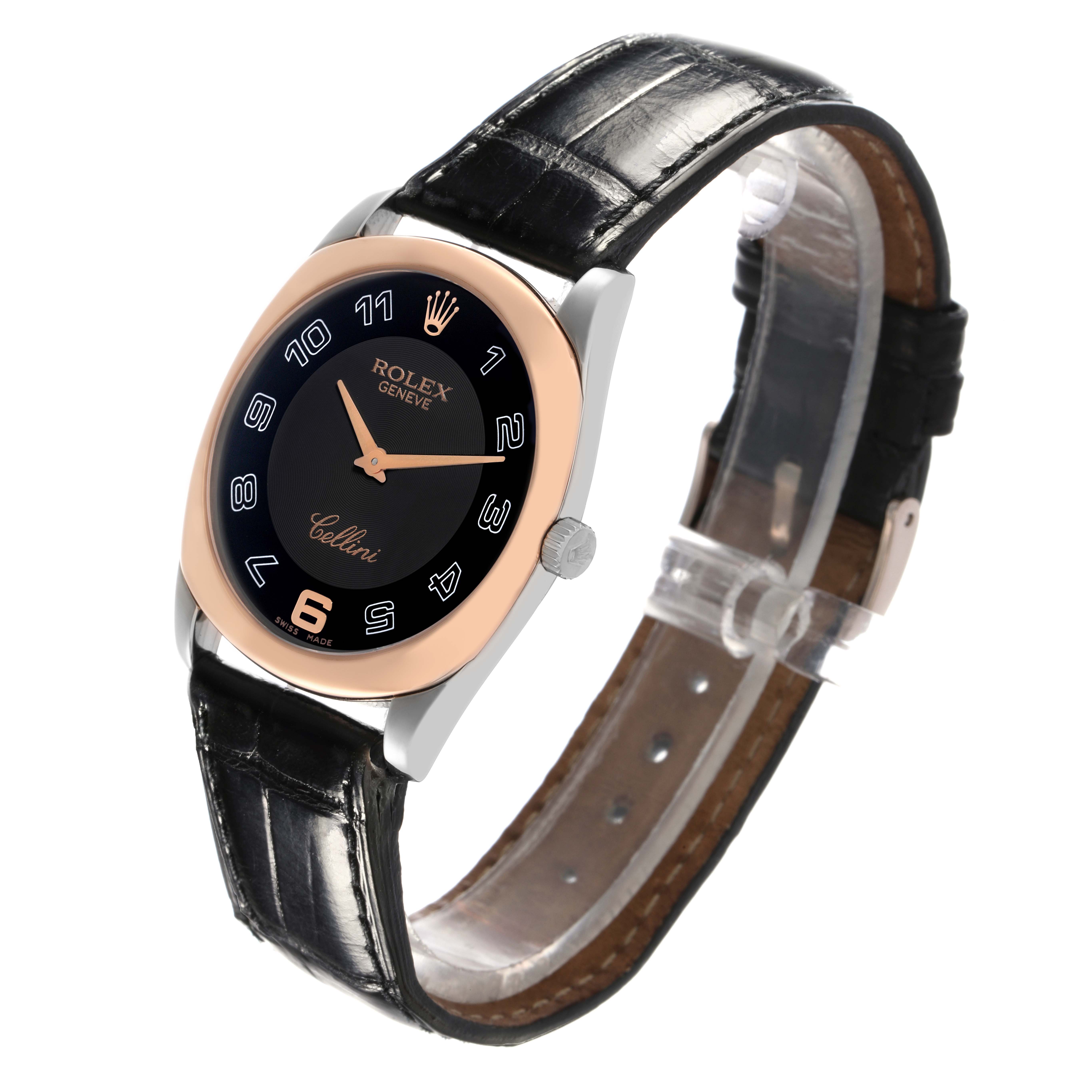 The Rolex Cellini 4233 Men
s White Gold Black Dial 4233 Men
s White Gold Black Dial watch is shown at a three-quarter angle, displaying the black dial, rose gold bezel, crown, and black leather strap.