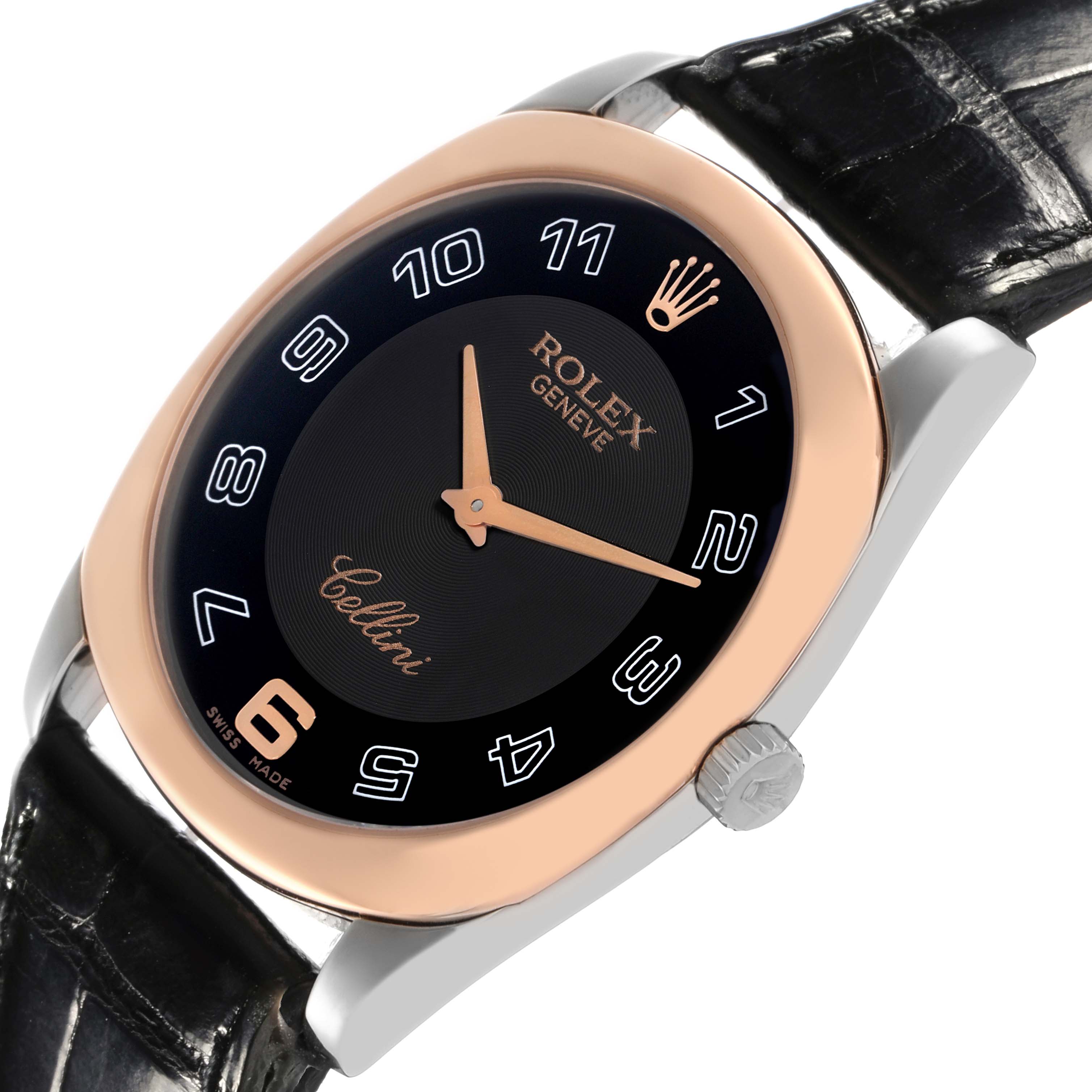 The Rolex Cellini 4233 Men
s White Gold Black Dial 4233 Men
s White Gold Black Dial watch is shown at an angle highlighting the dial, bezel, crown, and part of the leather strap.