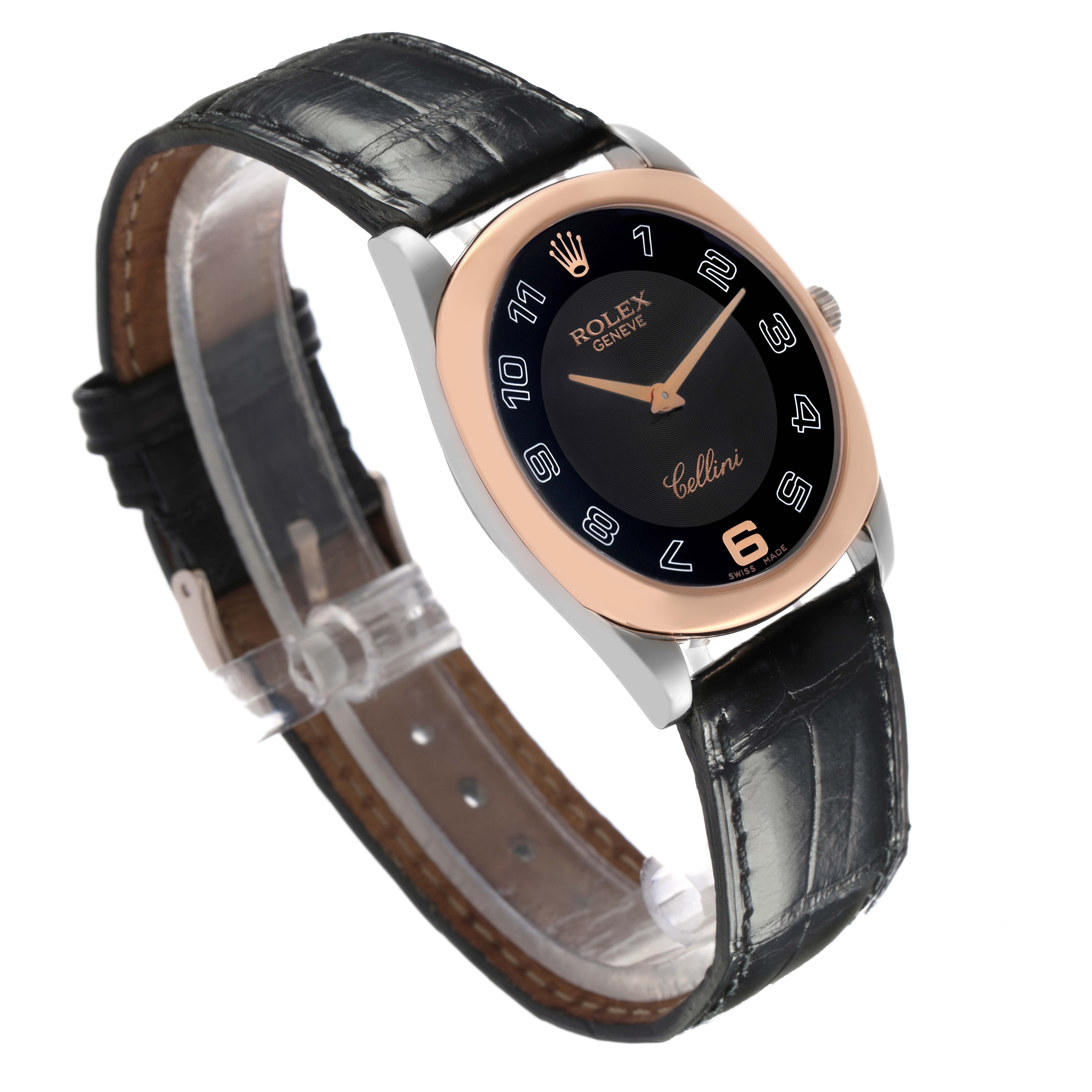 The Rolex Cellini 4233 Men
s White Gold Black Dial 4233 Men
s White Gold Black Dial watch is shown at a three-quarter angle, displaying the face, bezel, crown, and leather strap.