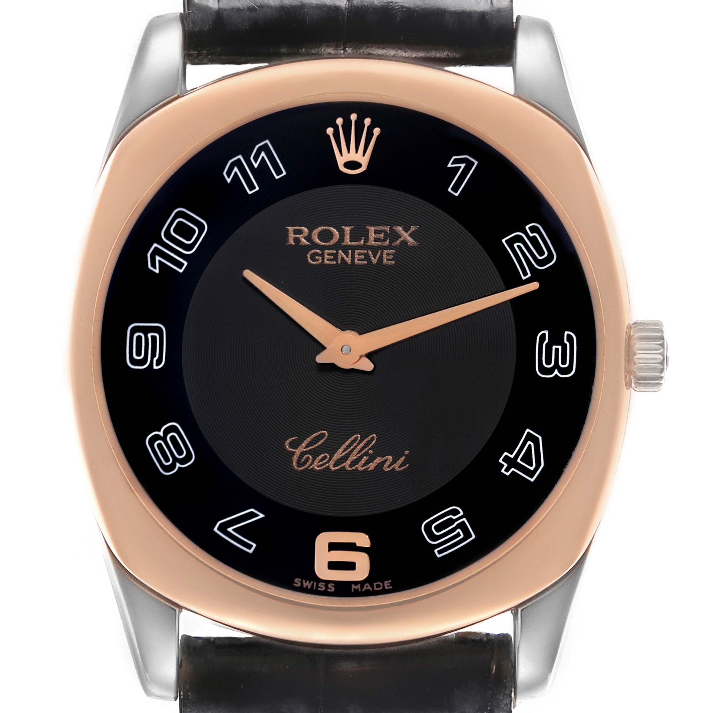 The Rolex Cellini 4233 Men
s White Gold Black Dial 4233 Men
s White Gold Black Dial watch is shown from the front, highlighting its dial, crown, and part of the strap.