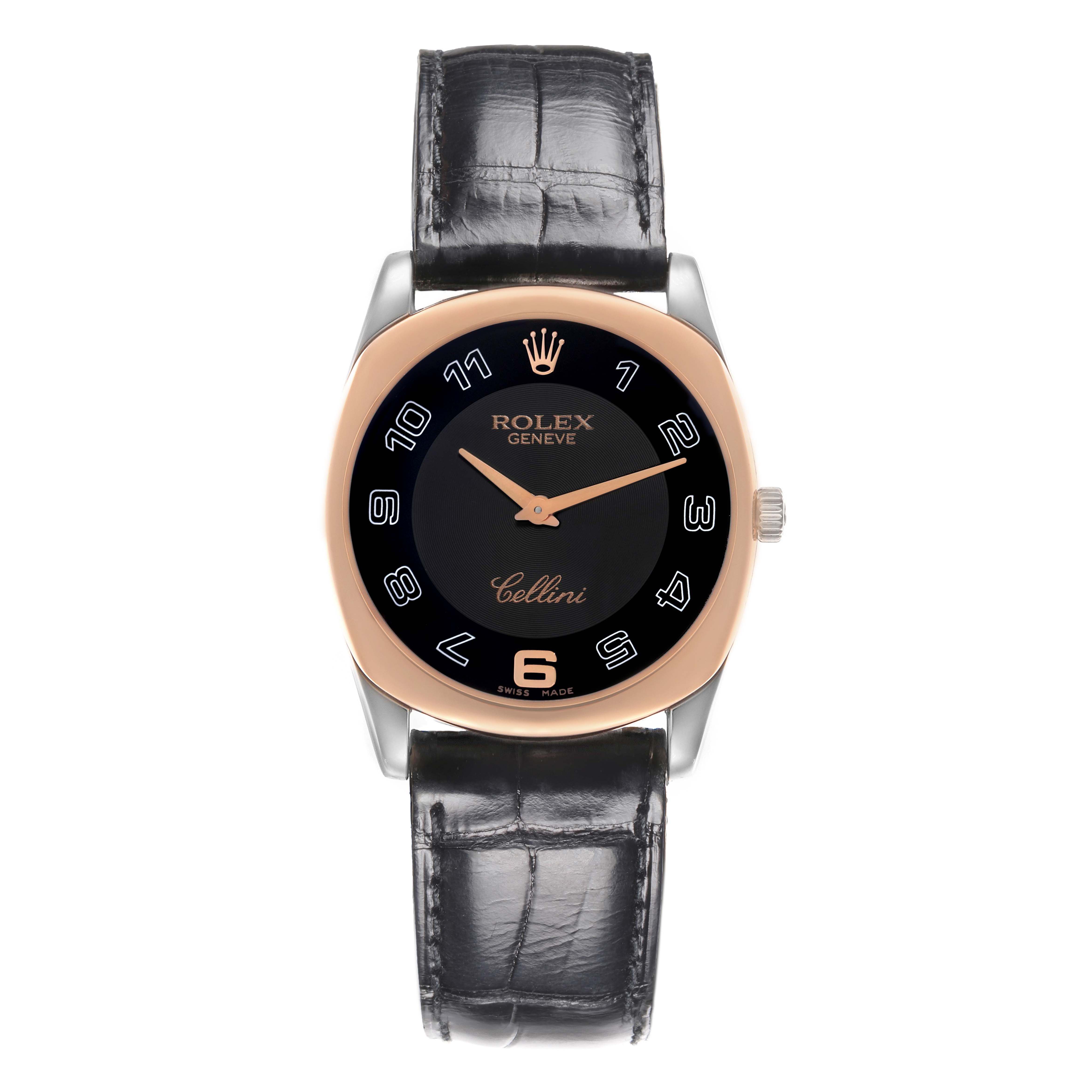 The Rolex Cellini 4233 Men
s White Gold Black Dial 4233 Men
s White Gold Black Dial watch is shown from the front, displaying the dial, case, and leather strap.