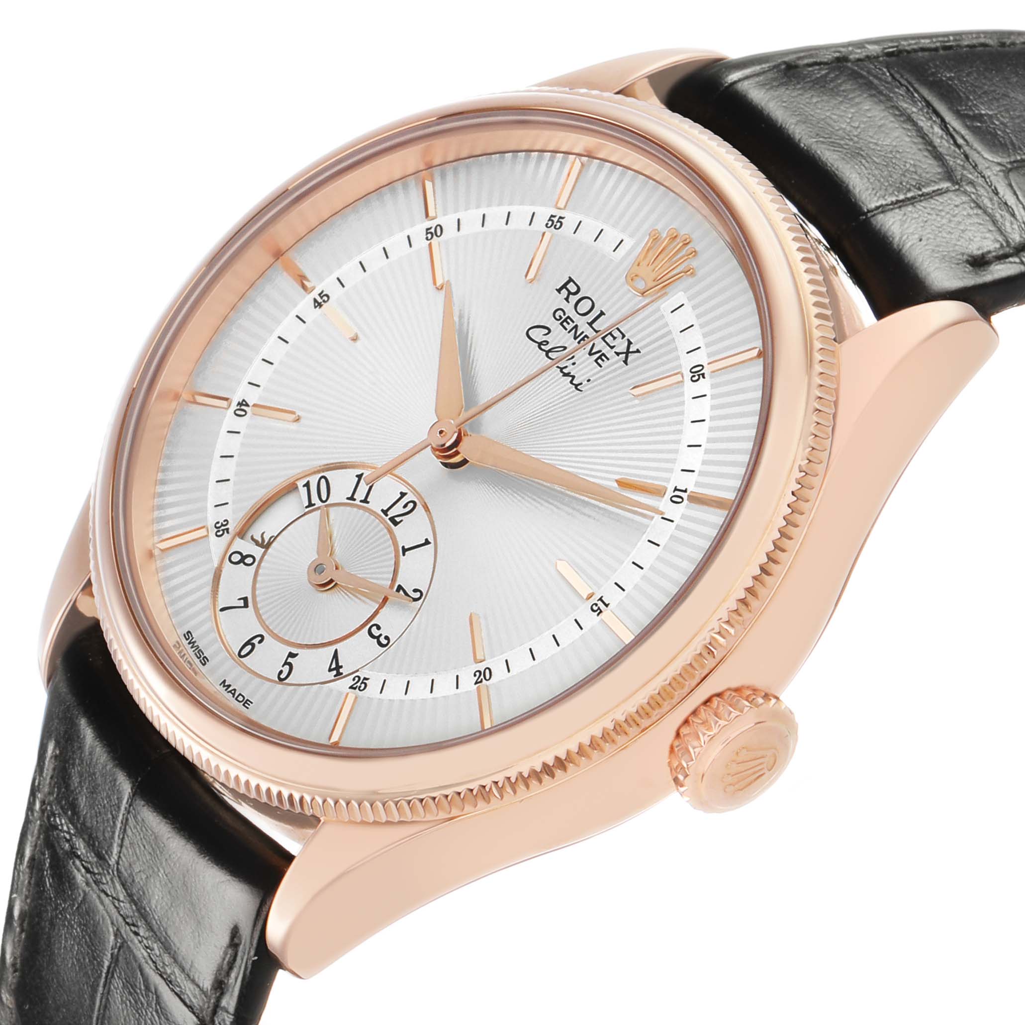 The Rolex Cellini 50525 Men's Rose Gold Silver Dial watch is shown at a slight angle, highlighting the dial, crown, and black leather strap.