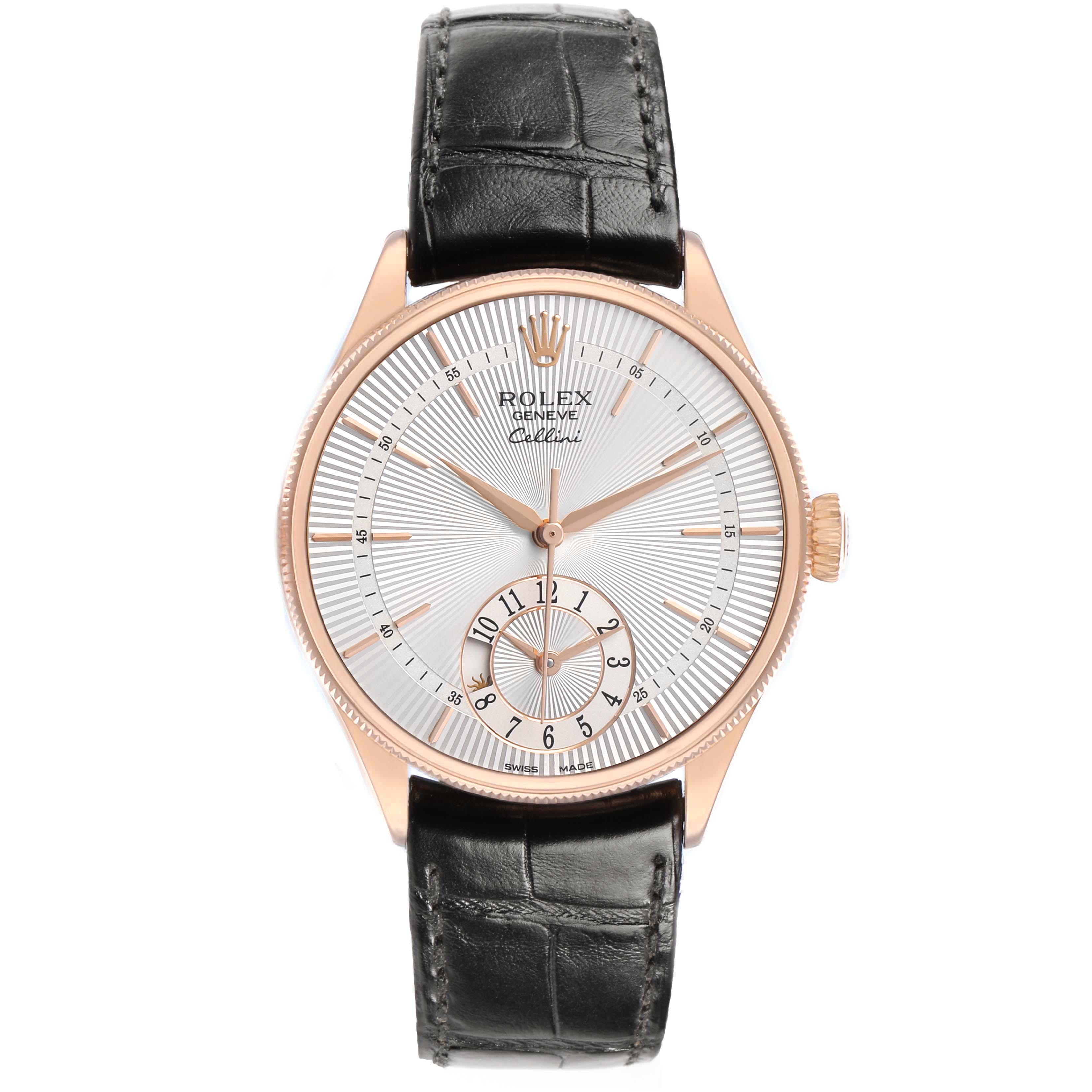 The Rolex Cellini 50525 Men's Rose Gold Silver Dial watch is shown from a front view, highlighting the dial, case, and black leather strap.