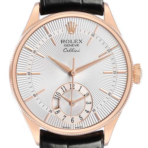The image shows a front view of a Rolex Cellini 50525 Men's Rose Gold Silver Dial watch, featuring its dial, hands, and black leather strap.