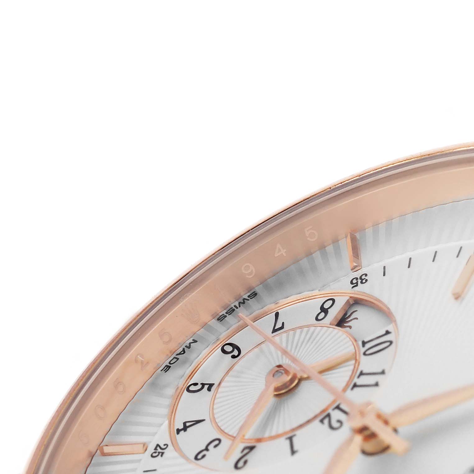 The image shows a close-up of the top right section of the Rolex Cellini 50525 Men's Rose Gold Silver Dial watch face, highlighting the bezel, dial, and sub-dial.