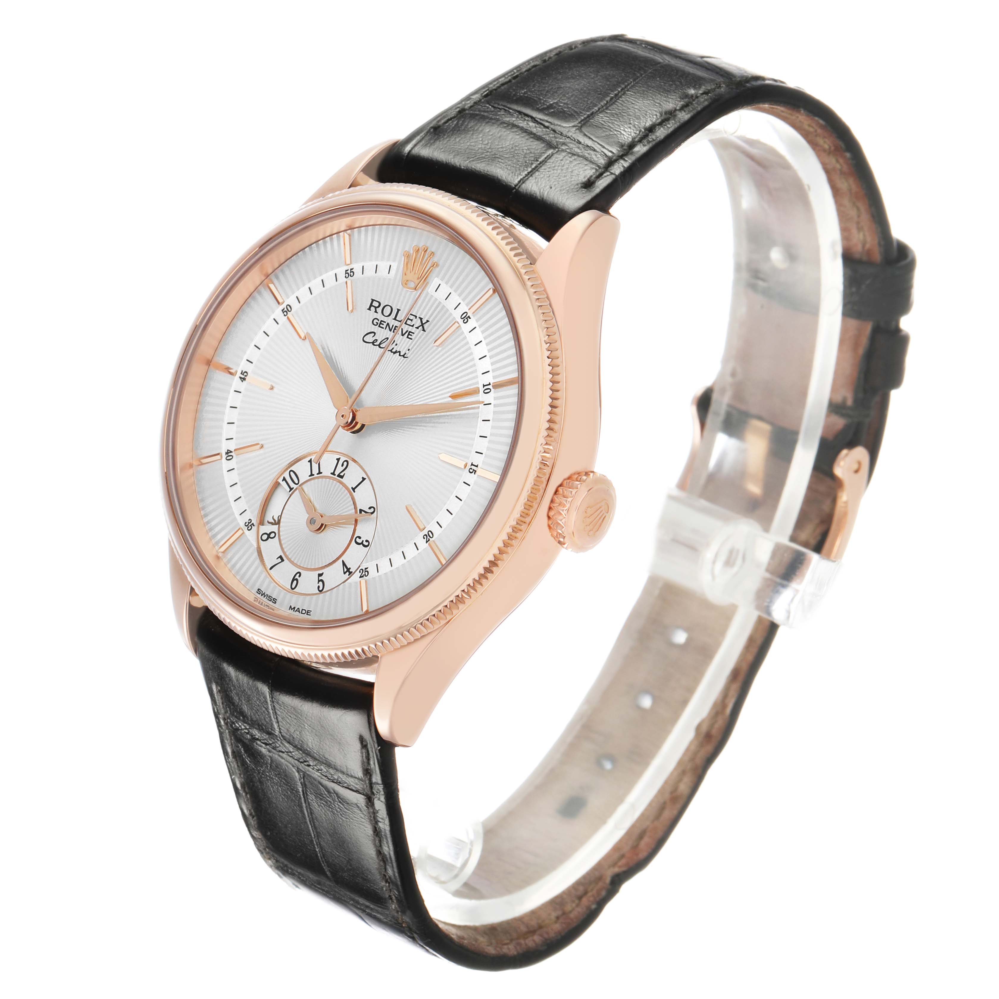 The Rolex Cellini 50525 Men's Rose Gold Silver Dial watch is shown at a three-quarter angle, highlighting the face, crown, and leather strap.