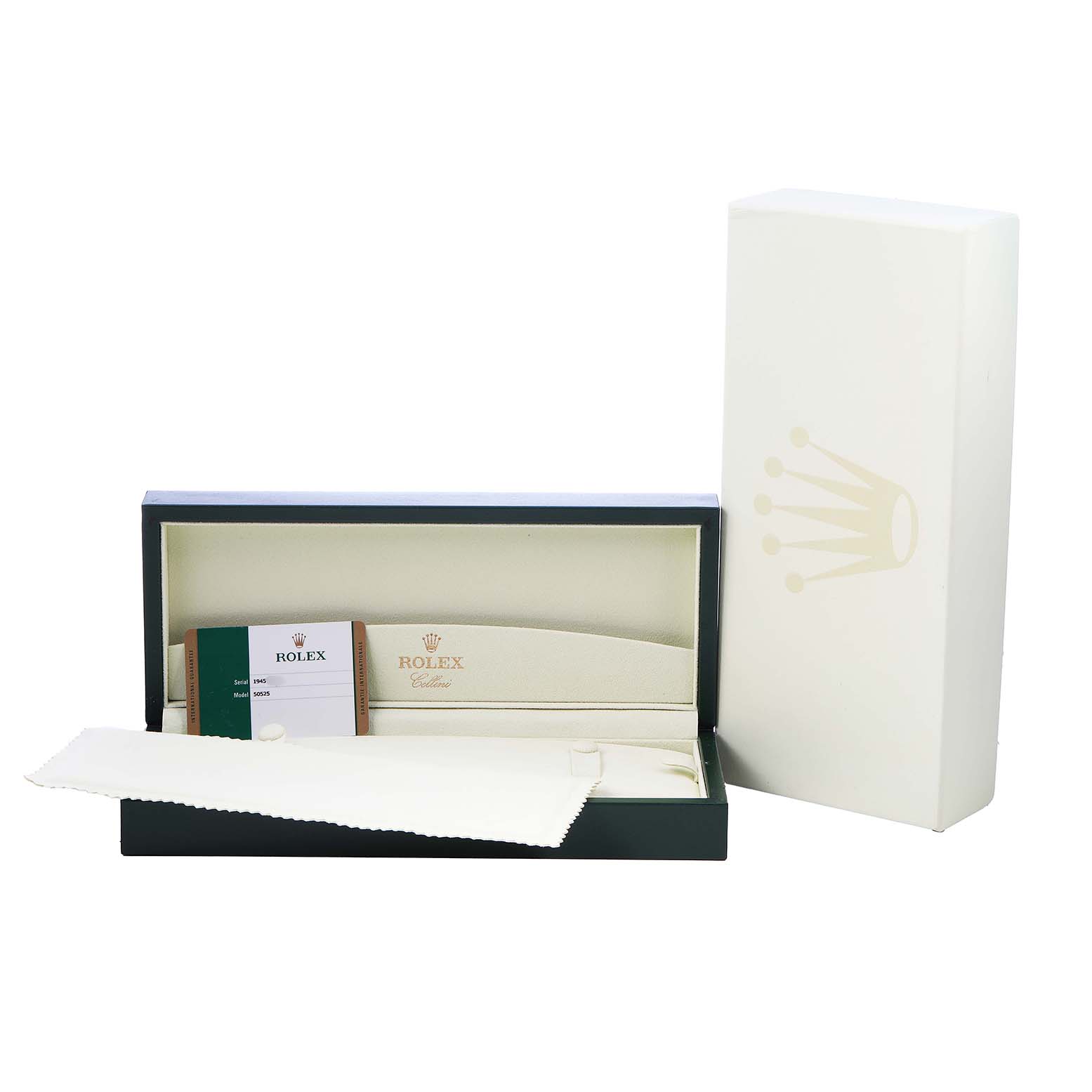 The image shows the packaging for a Rolex Cellini 50525 Men's Rose Gold Silver Dial watch, including the box, cleaning cloth, and documentation.