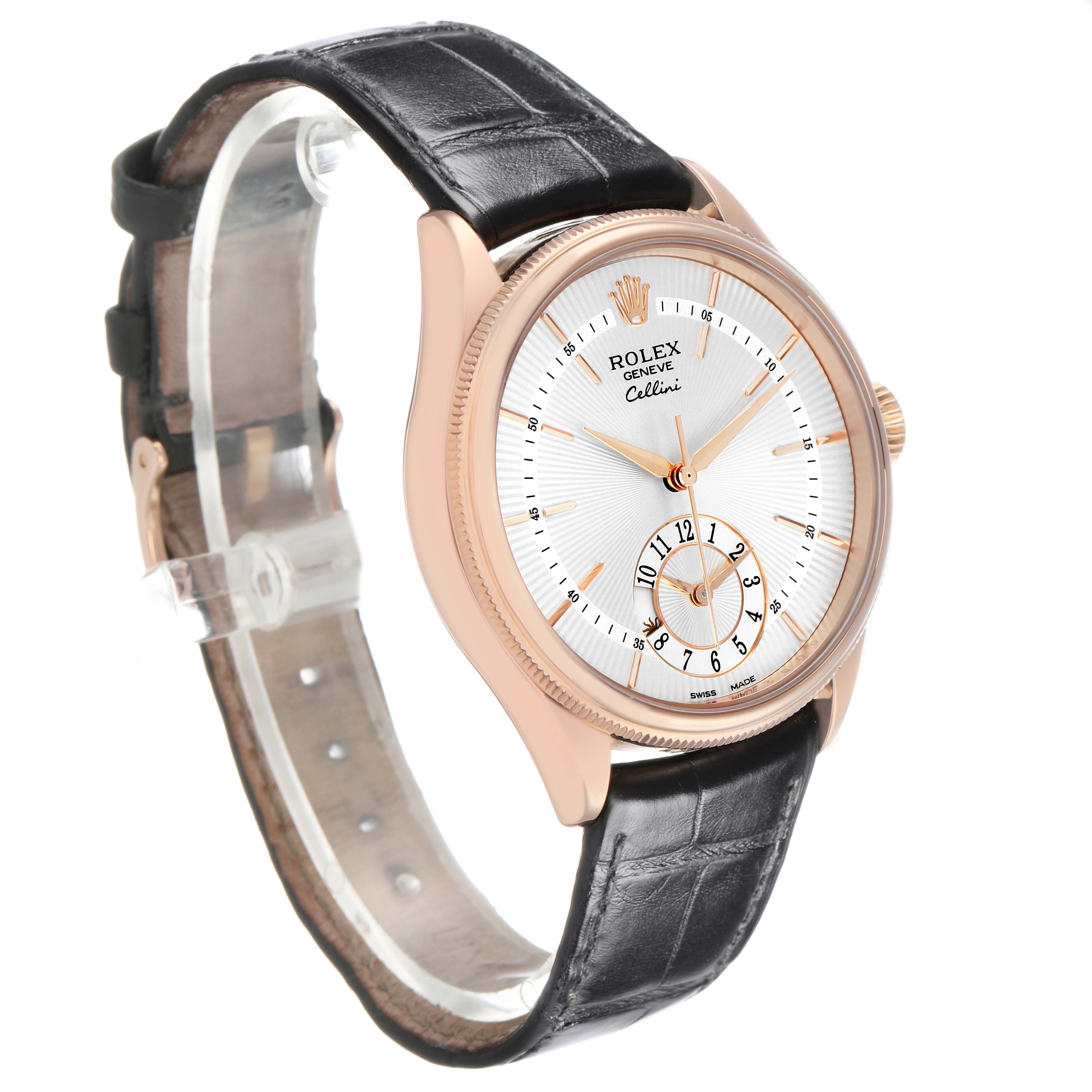 The Rolex Cellini 50525 Men's Rose Gold Silver Dial watch is shown at a three-quarter angle, displaying the face, case, and leather strap.
