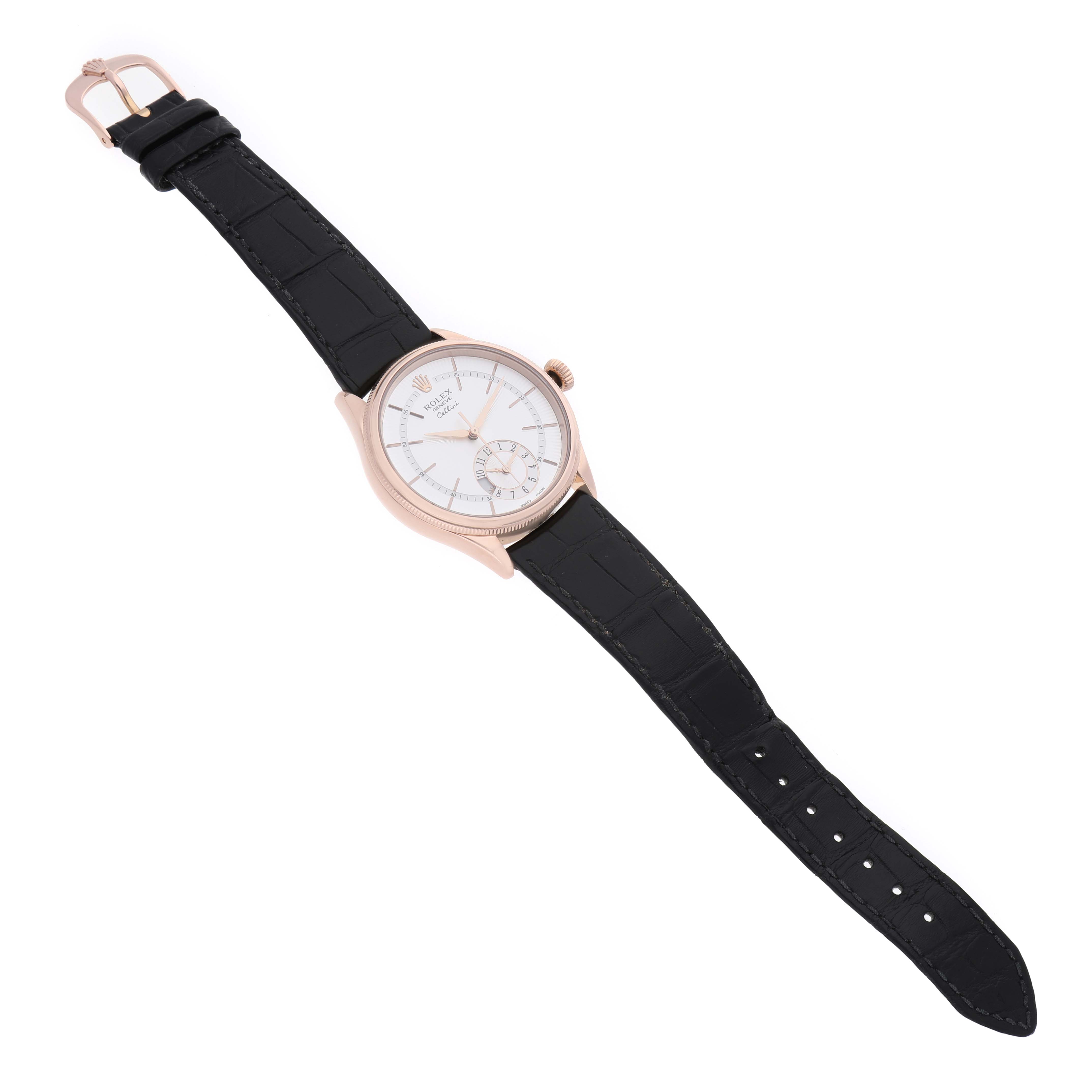 The Rolex Cellini 50525 Men's Rose Gold Silver Dial watch is shown from a top-angle view, displaying the face, crown, and full black leather strap.