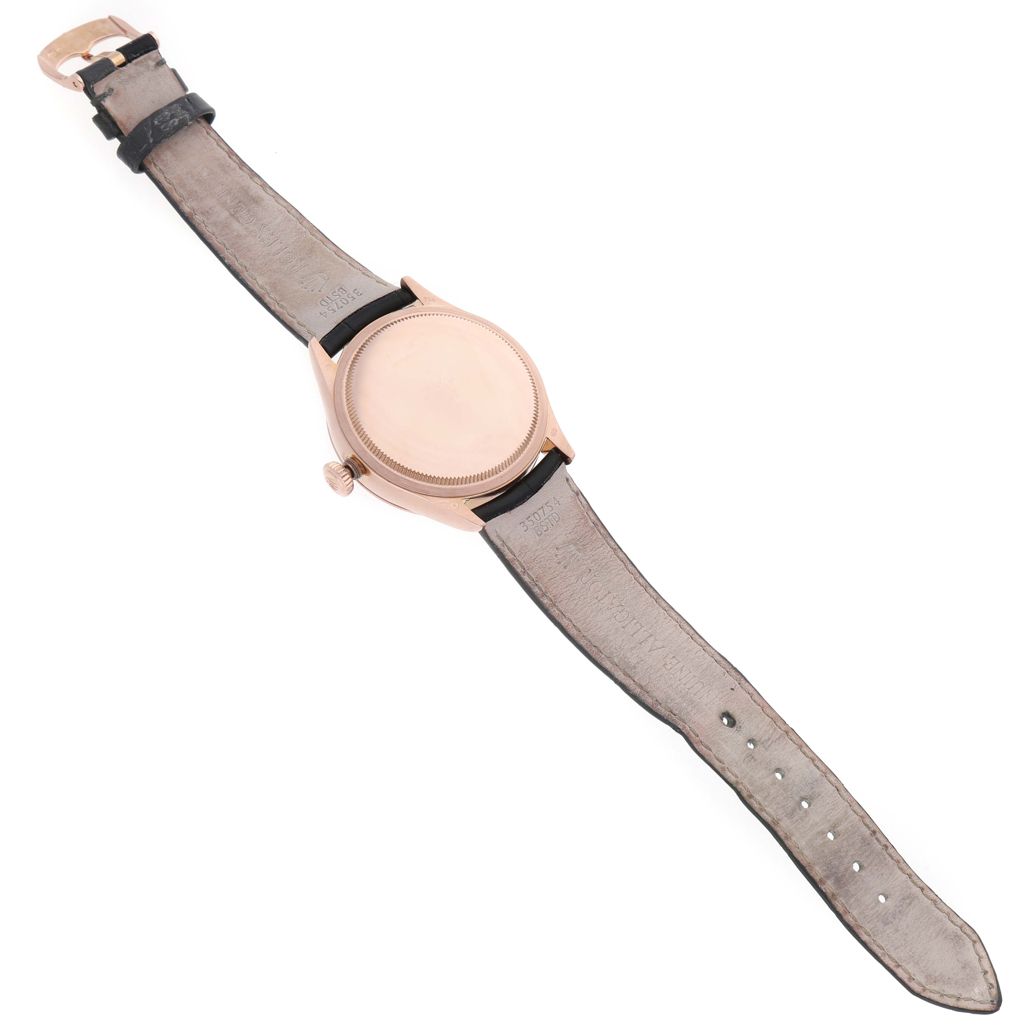 The Rolex Cellini 50525 Men's Rose Gold Silver Dial model is shown from the back, highlighting the case, full strap, and clasp.