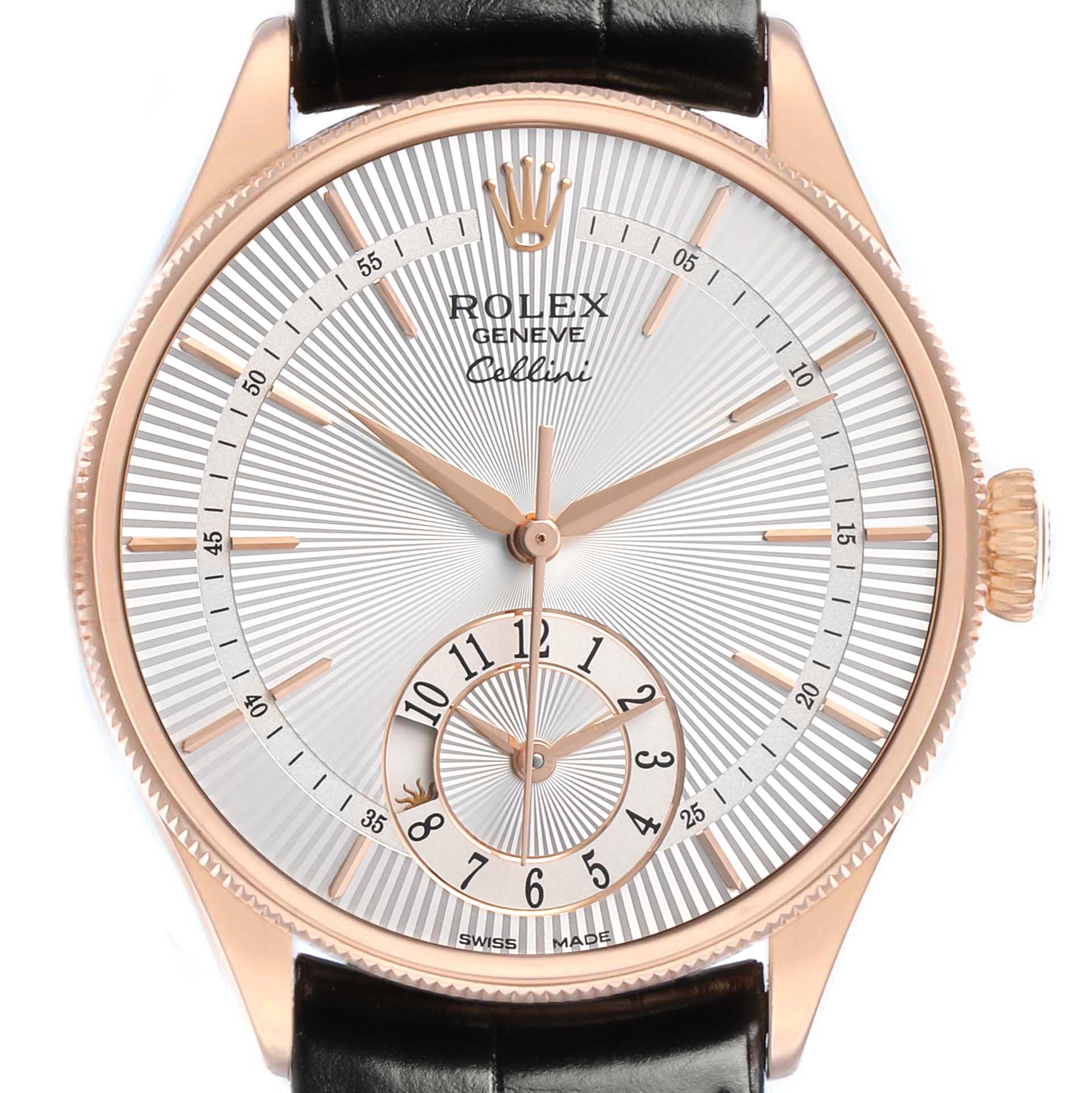 The Rolex Cellini 50525 Men's Rose Gold Silver Dial watch is shown from a front angle, displaying its dial, crown, and part of the leather strap.