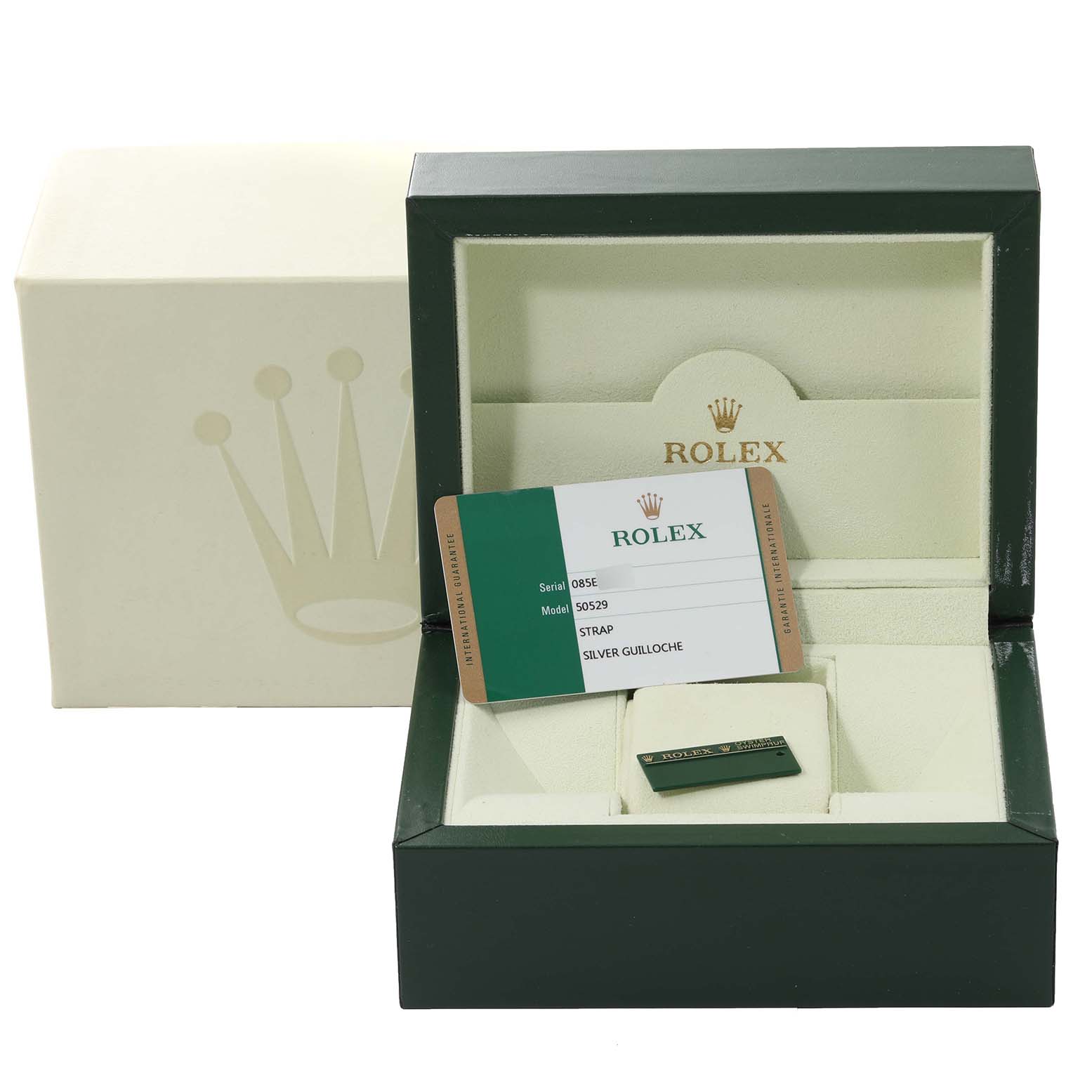 The image shows the open packaging box for a Rolex Cellini 50529 Men's White Gold Silver Dial 50529 Men's White Gold Silver Dial model watch, including documentation and a nameplate.