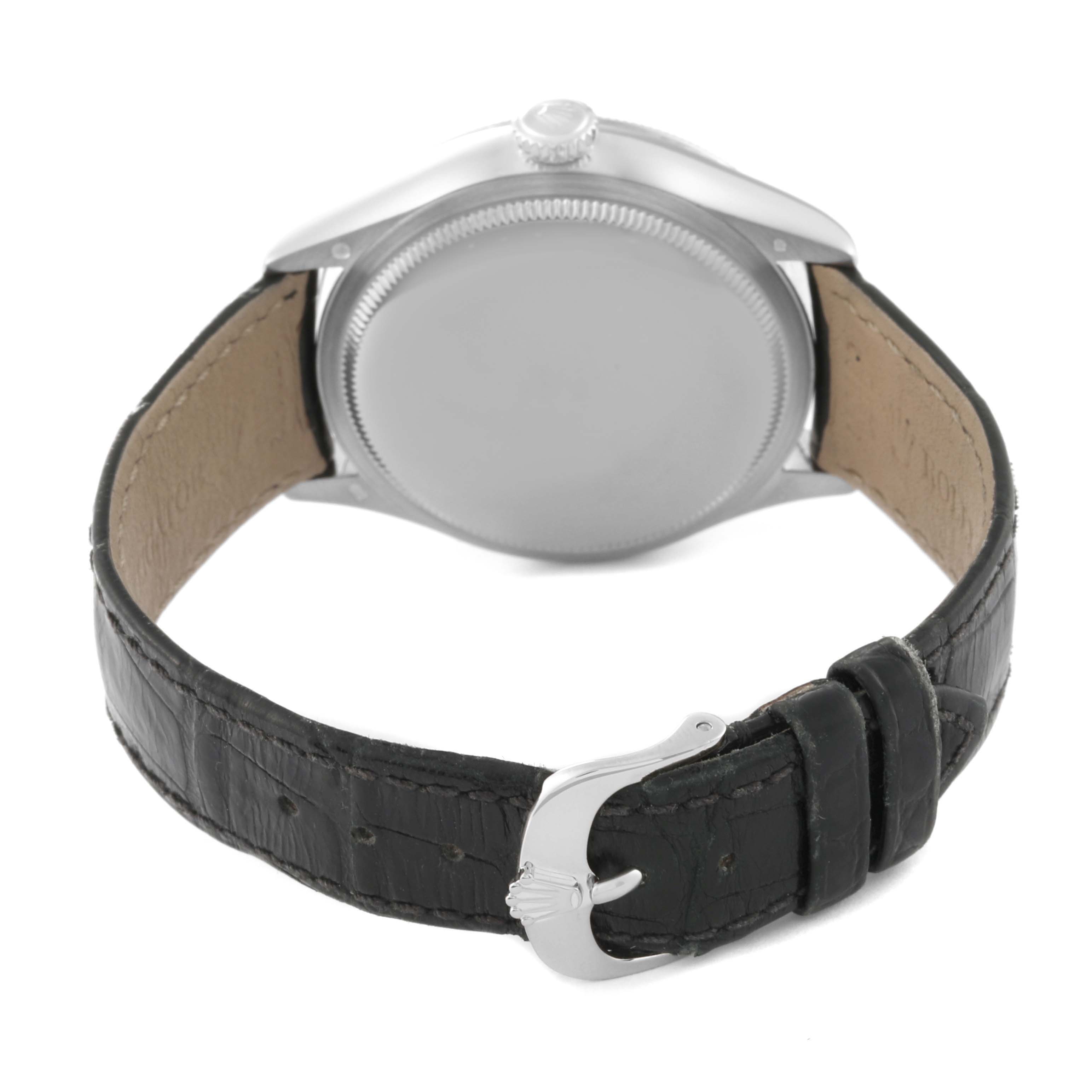 This image shows the back view of a Rolex Cellini 50529 Men's White Gold Silver Dial 50529 Men's White Gold Silver Dial watch, displaying its strap, buckle, and case back.