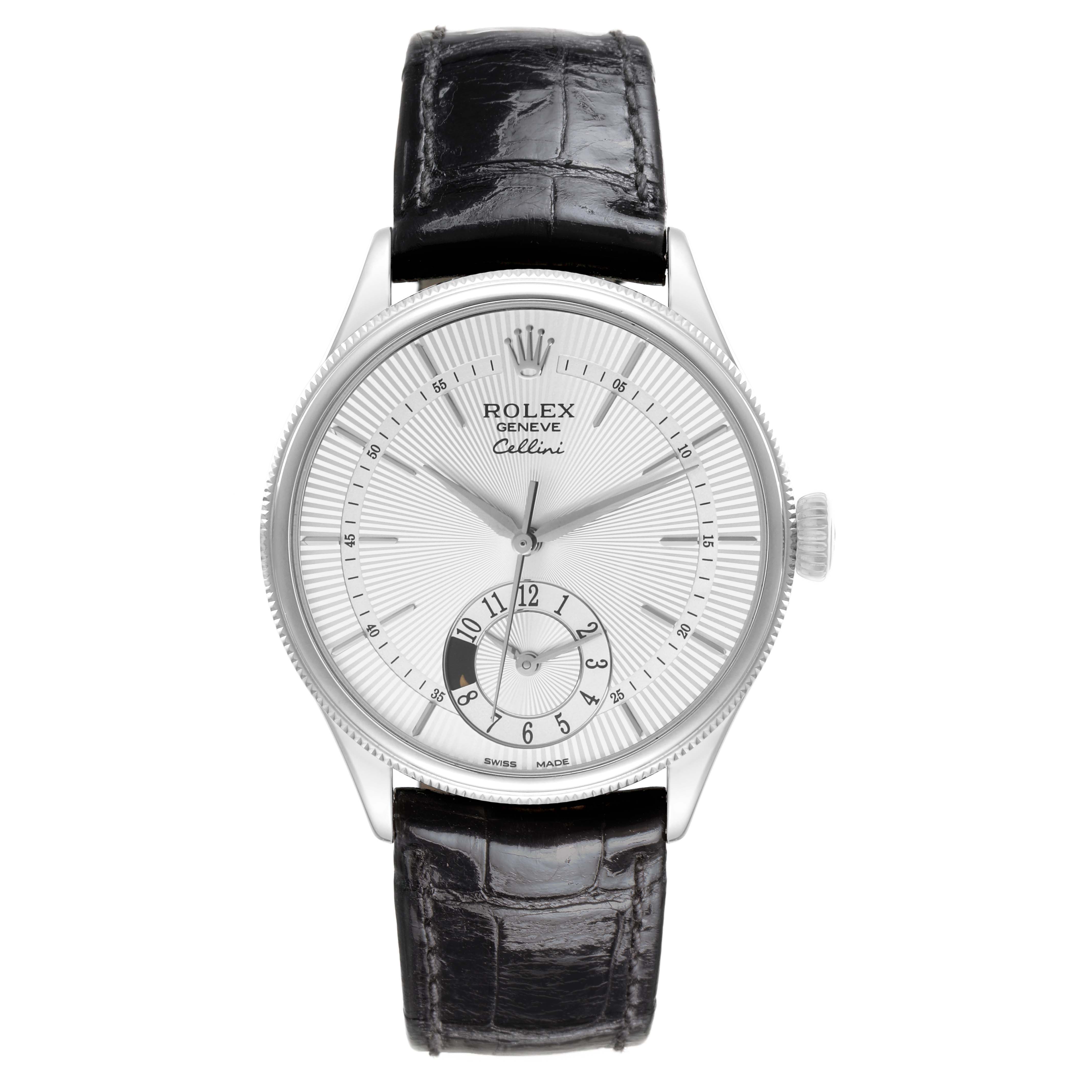 The Rolex Cellini 50529 Men's White Gold Silver Dial watch is shown from the front, displaying its face, crown, and black leather strap.