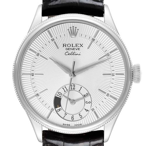 The image shows a front view of the Rolex Cellini 50529 Men's White Gold Silver Dial watch, highlighting the dial, hands, and crown.