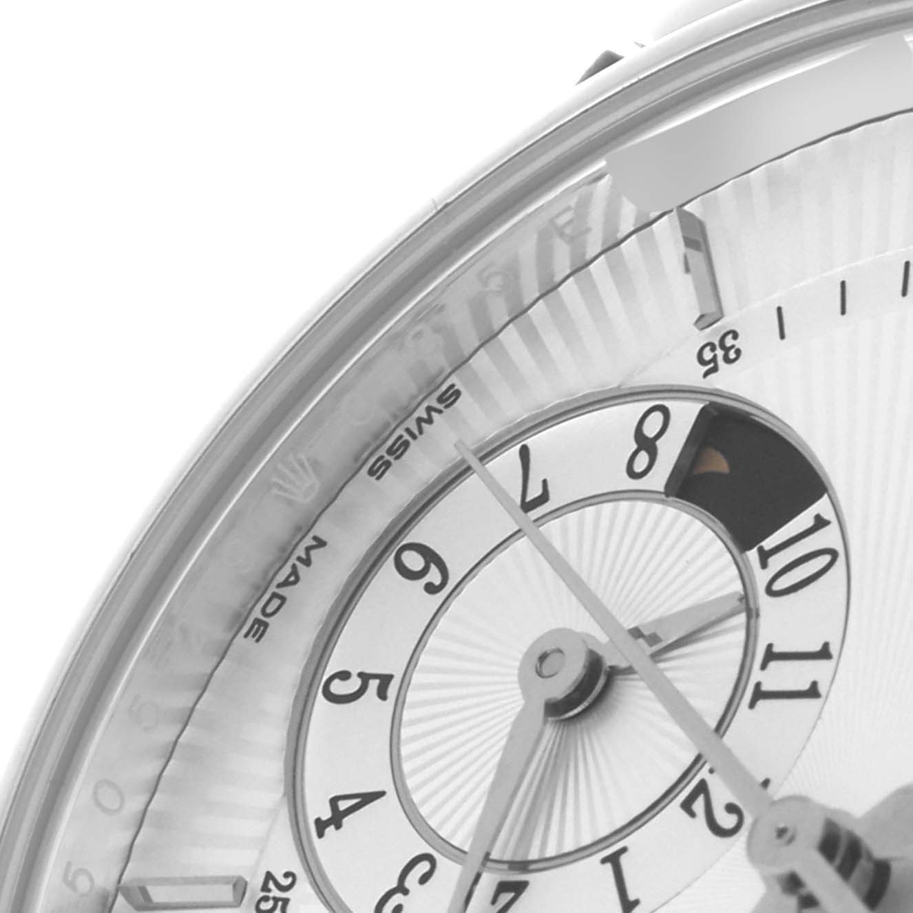 The image shows a close-up of the Rolex Cellini 50529 Men's White Gold Silver Dial 50529 Men's White Gold Silver Dial model’s dial, hands, and part of the case at an angle.