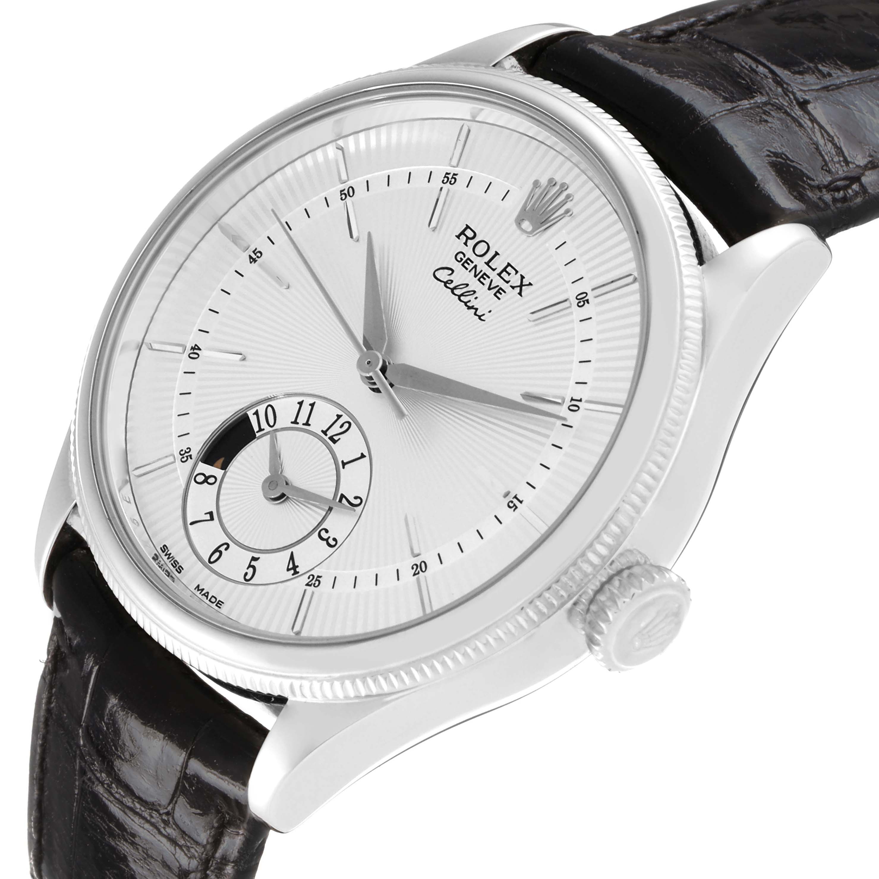 The Rolex Cellini 50529 Men's White Gold Silver Dial watch is shown at a slight angle, highlighting the face, bezel, crown, and part of the leather strap.