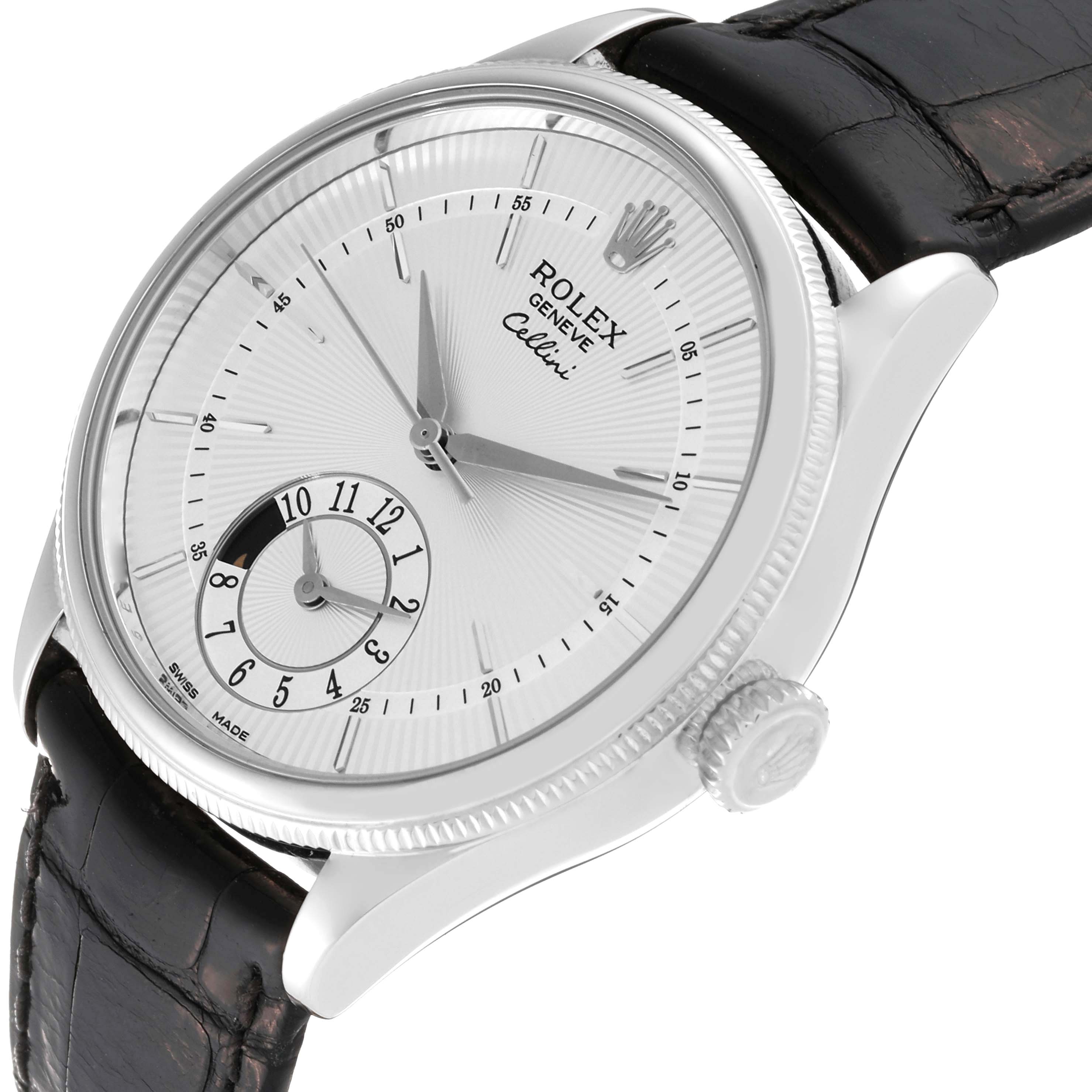 The image shows a close-up angle of the Rolex Cellini 50529 Men's White Gold Silver Dial 50529 Men's White Gold Silver Dial watch, highlighting its dial, crown, and leather strap.