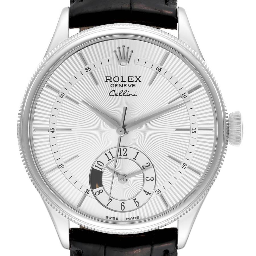 The image shows a front view of the Rolex Cellini watch, featuring its face, dial, hands, crown, and part of its leather strap.