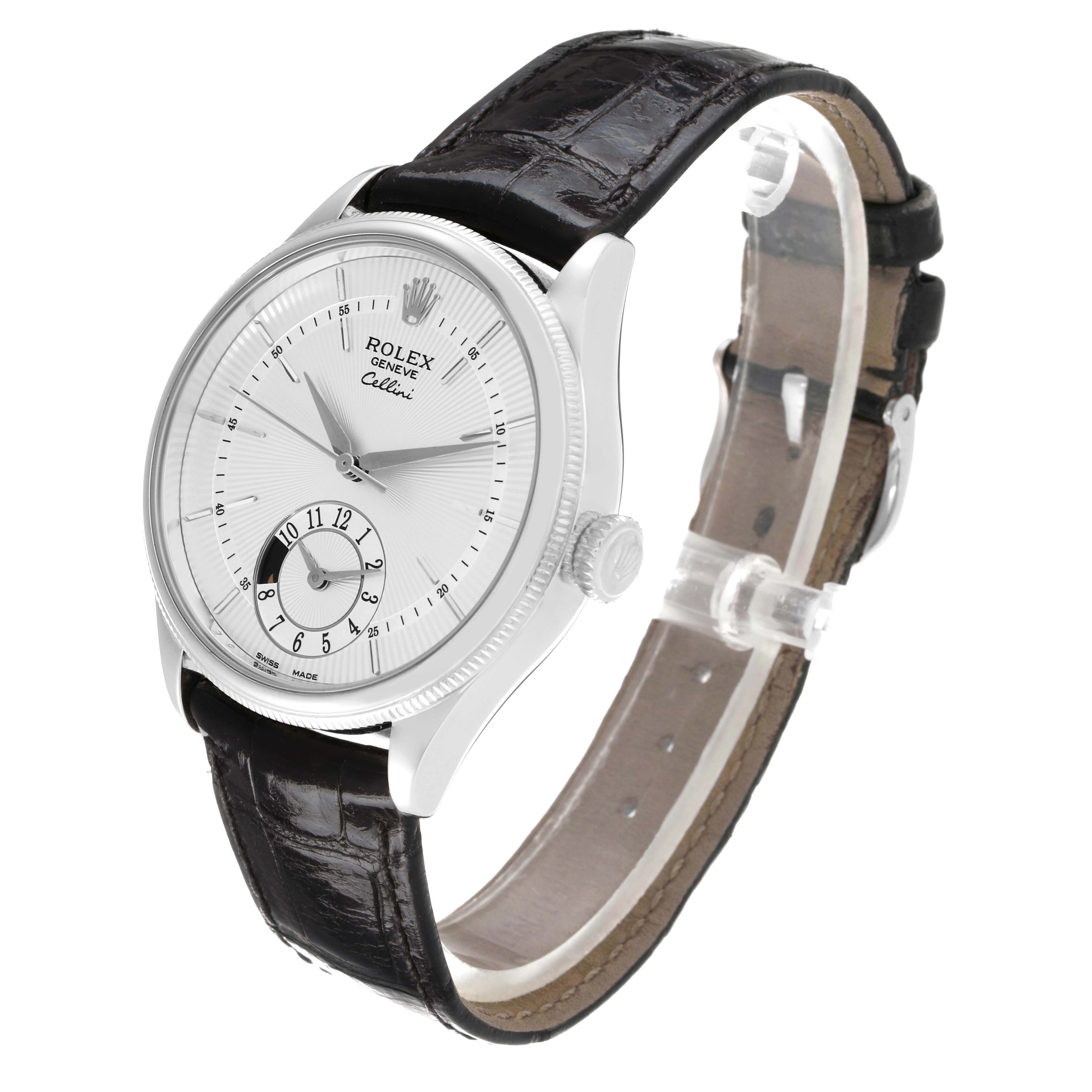 The Rolex Cellini 50529 Men's White Gold Silver Dial watch is shown from a three-quarter angle, highlighting the face, case, crown, and leather strap.