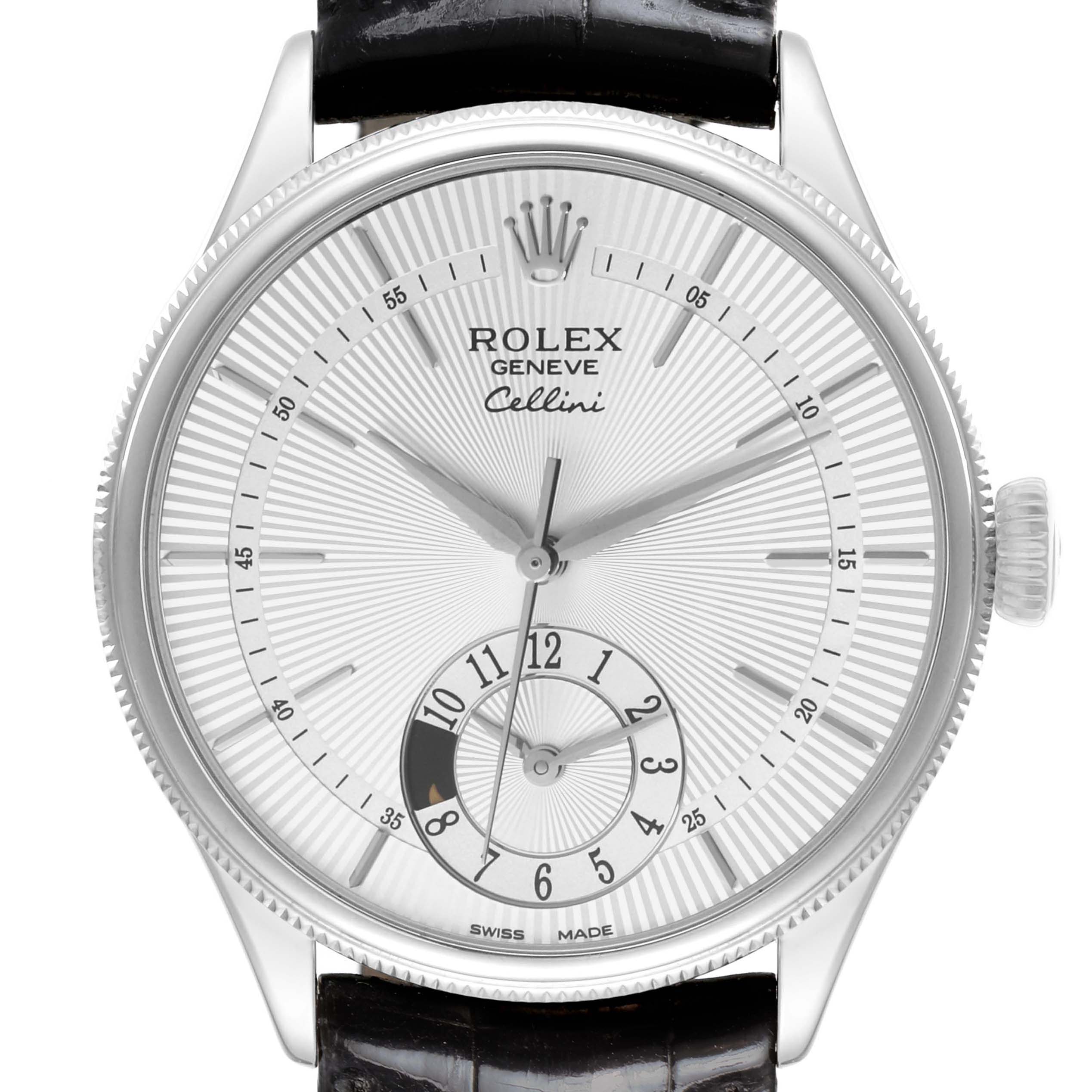 The Rolex Cellini 50529 Men's White Gold Silver Dial watch is shown from a front view, displaying the dial, crown, hands, and part of the leather strap.
