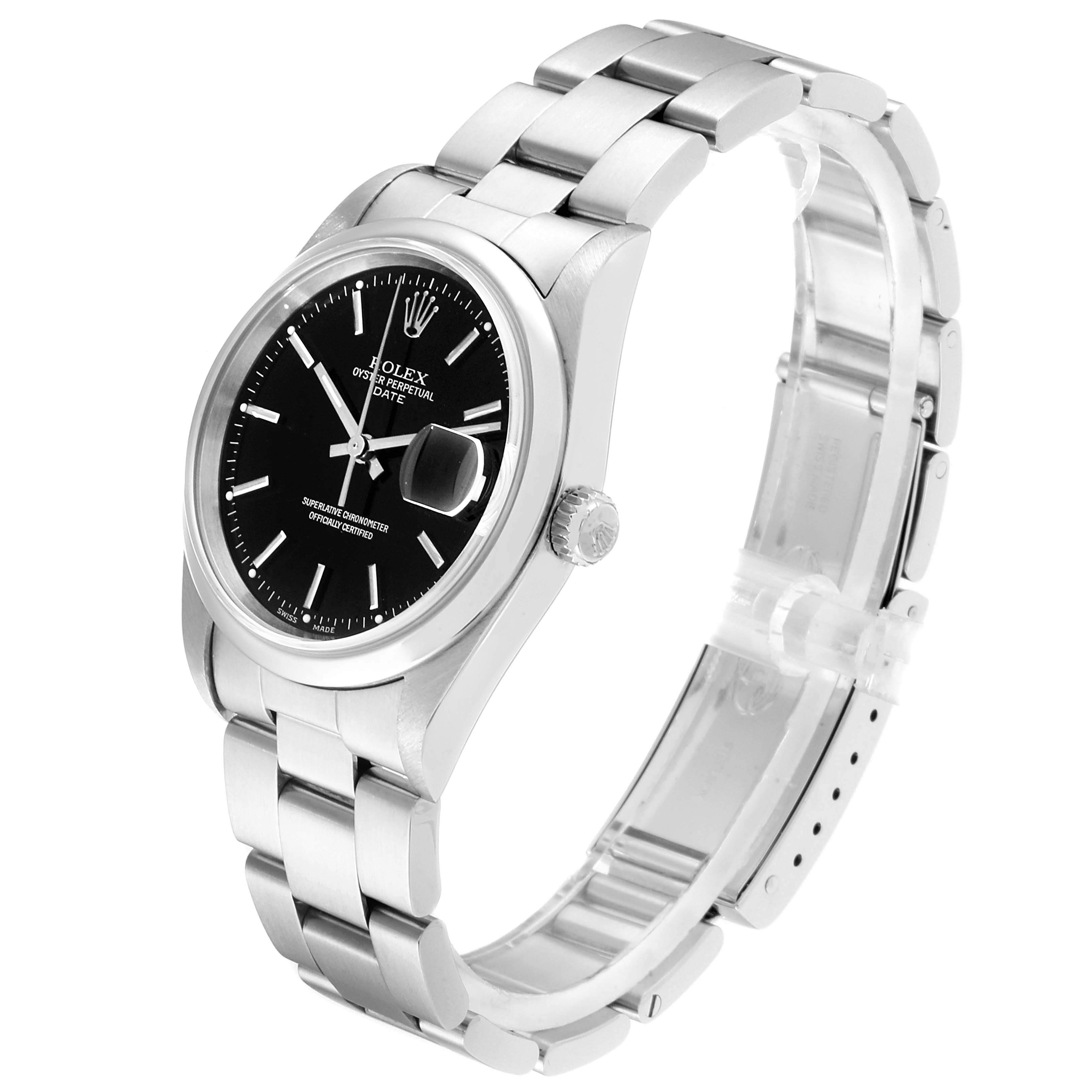 The image shows a side angle of the Rolex Date 15200 Men's Stainless Steel Black Dial 15200 Men's Stainless Steel Black Dial model, highlighting the face, crown, and bracelet.