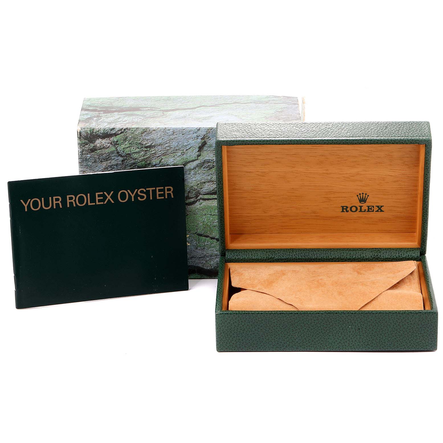 The image shows the packaging box, cushion, and manual for the Rolex Date 15200 Men's Stainless Steel Black Dial 15200 Men's Stainless Steel Black Dial model watch.