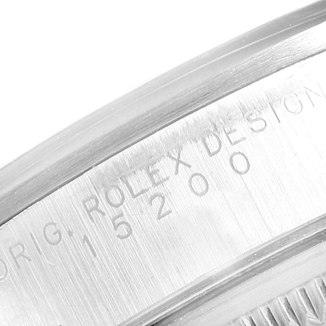 This close-up image shows the side view of the case of a Rolex Date 15200 Men's Stainless Steel Black Dial 15200 Men's Stainless Steel Black Dial model, highlighting etched serial numbers.
