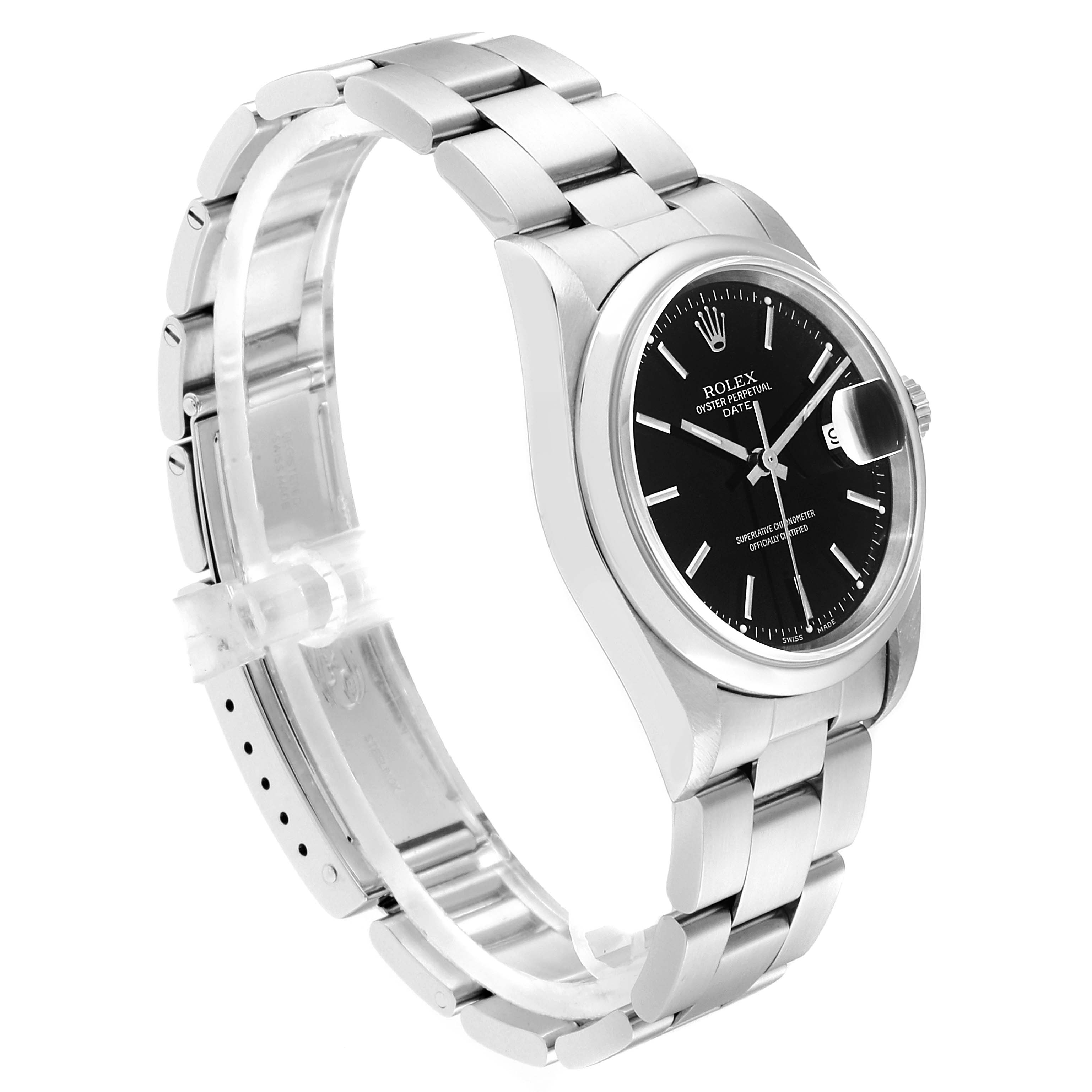 The image shows a side angle of the Rolex Date 15200 Men's Stainless Steel Black Dial 15200 Men's Stainless Steel Black Dial model watch, highlighting the dial, bezel, and bracelet.