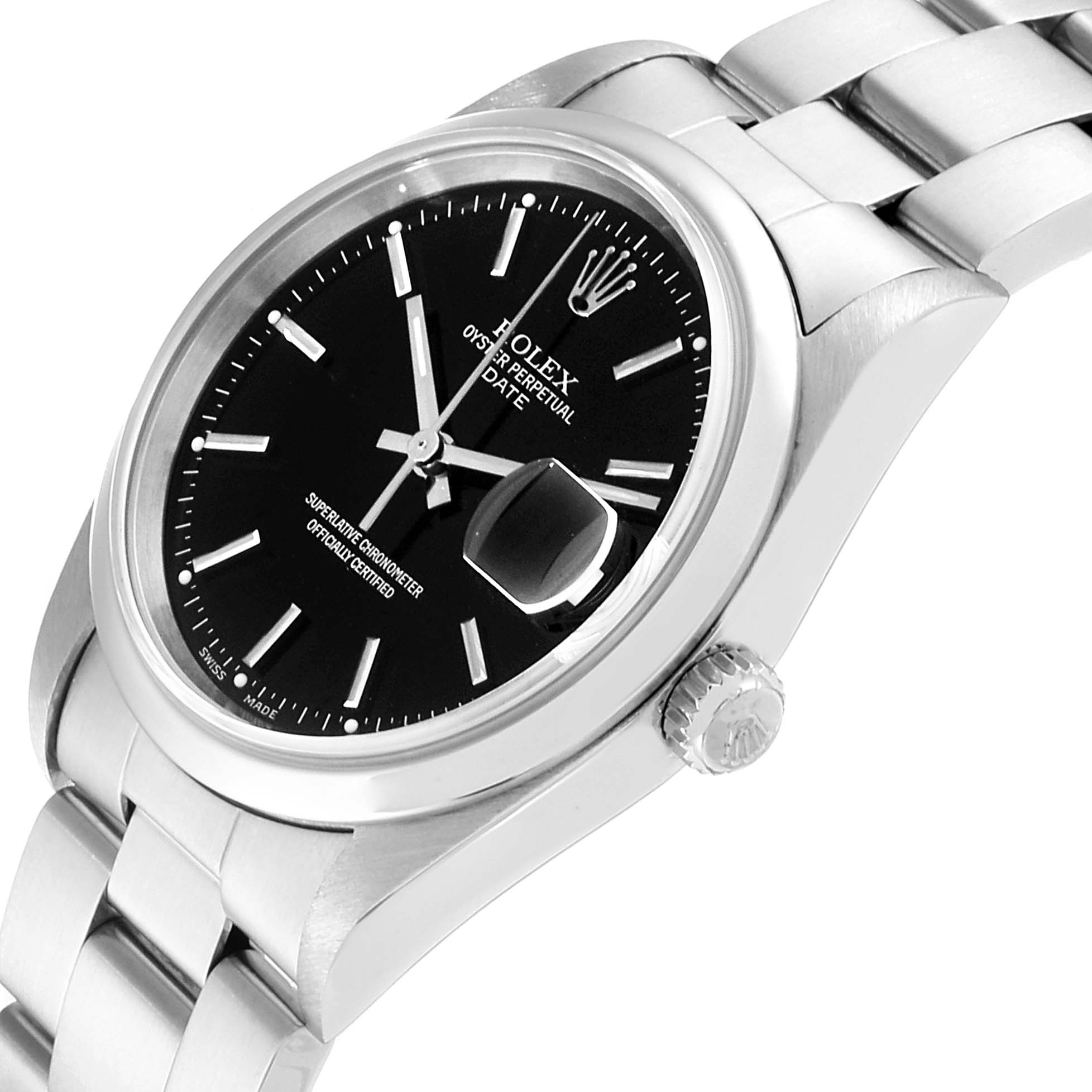 The image shows a Rolex Date 15200 Men's Stainless Steel Black Dial 15200 Men's Stainless Steel Black Dial model watch at an angled close-up, highlighting the black dial and silver metal bracelet.