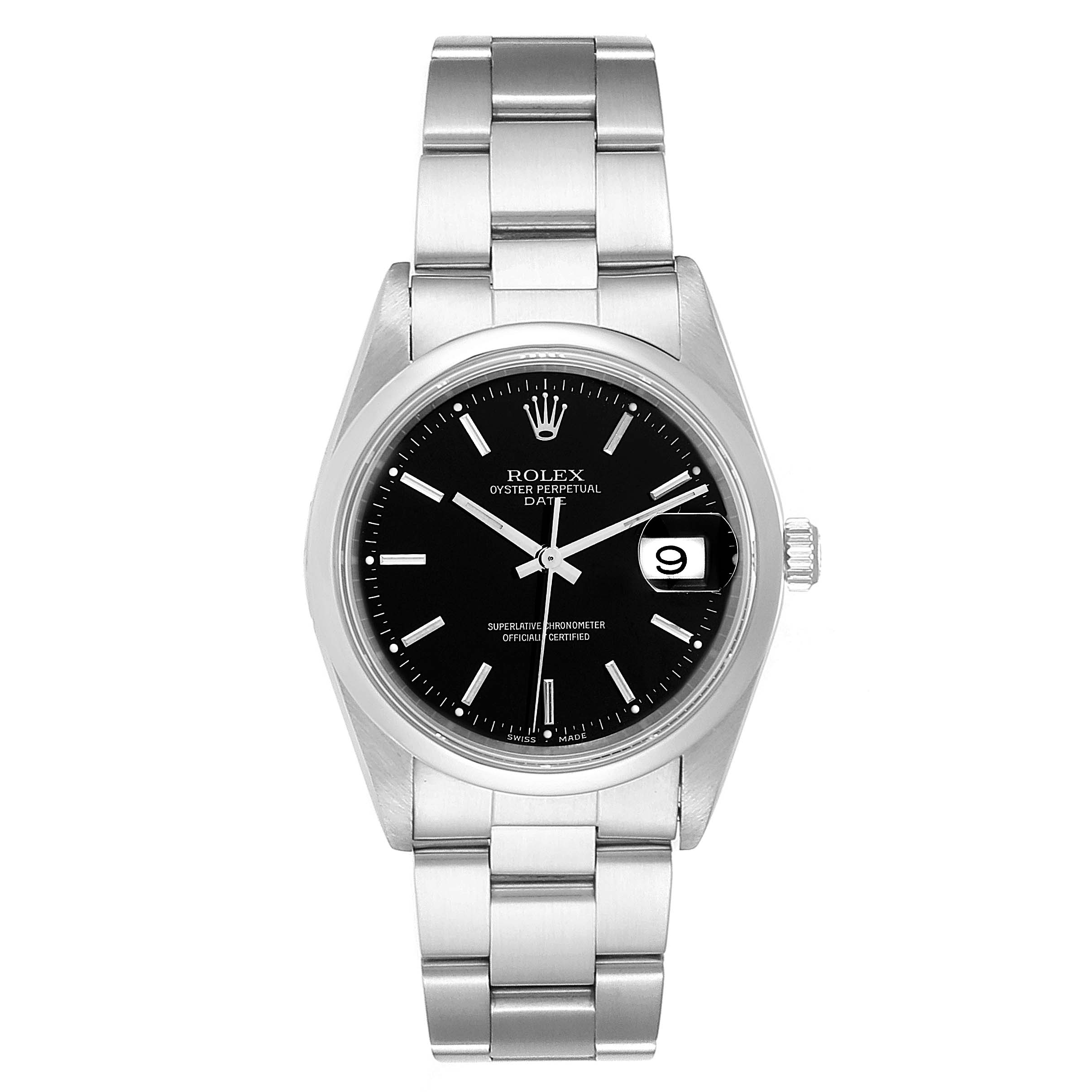 This is a front view of the Rolex Date 15200 Men's Stainless Steel Black Dial 15200 Men's Stainless Steel Black Dial model watch, showcasing its black dial, date window, and stainless steel bracelet.