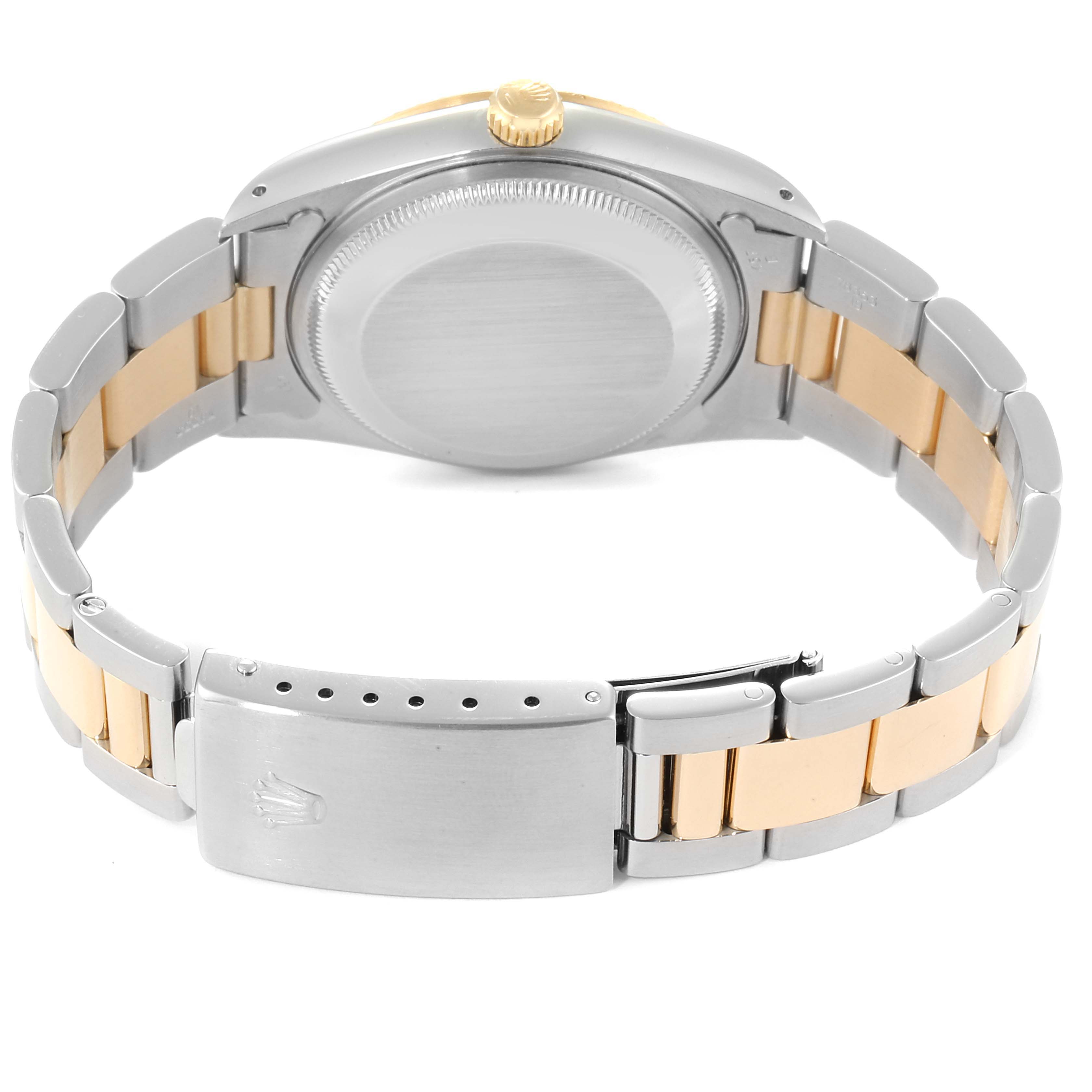 The image shows the back view of the Rolex Date 15223 Men's Steel and Gold (two tone) White Dial 15223 Men's Steel and Gold (two tone) White Dial model watch, highlighting the case back, crown, and two-tone bracelet.