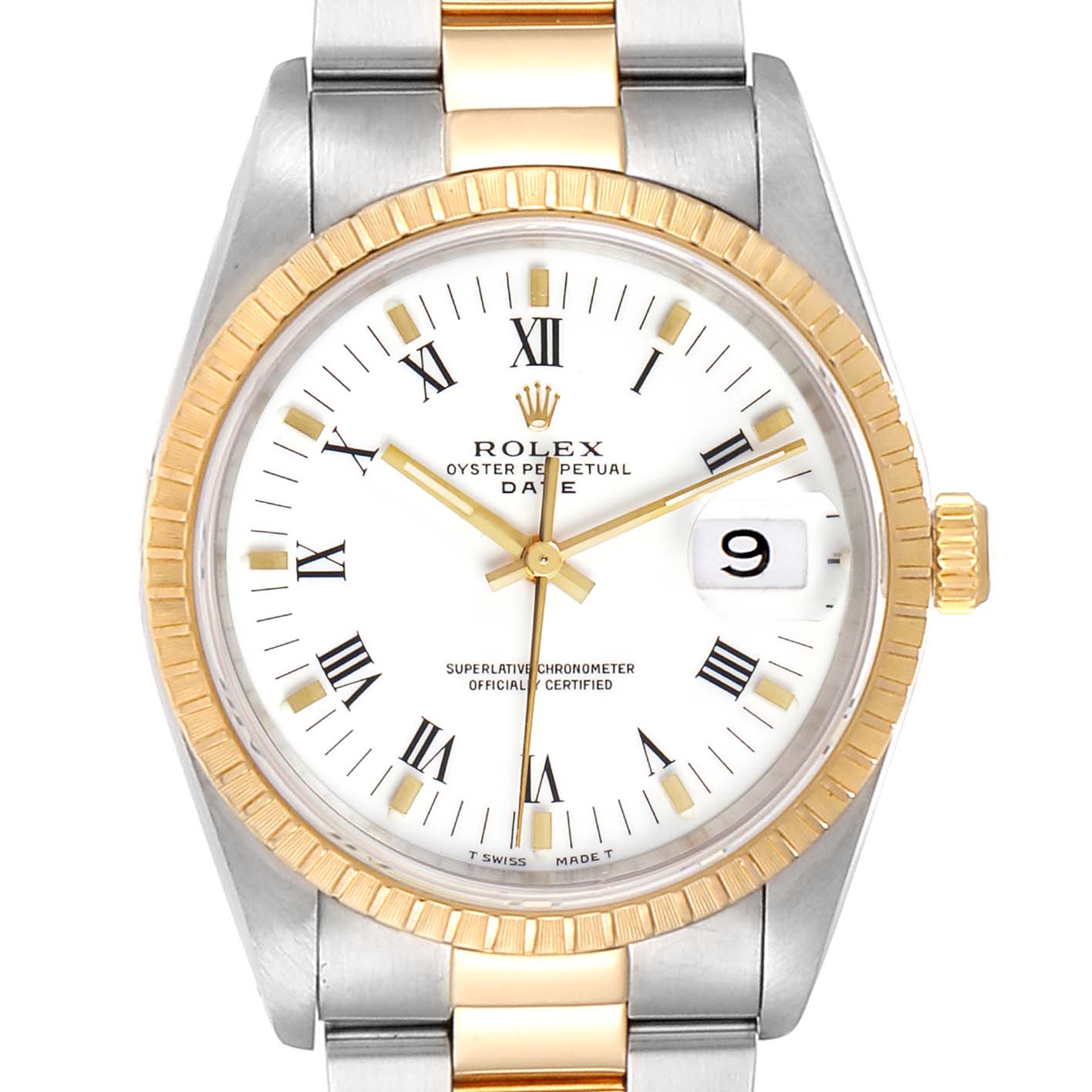 The image shows a front view of a Rolex Oyster Perpetual Date watch, displaying the face, bezel, and part of the bracelet.