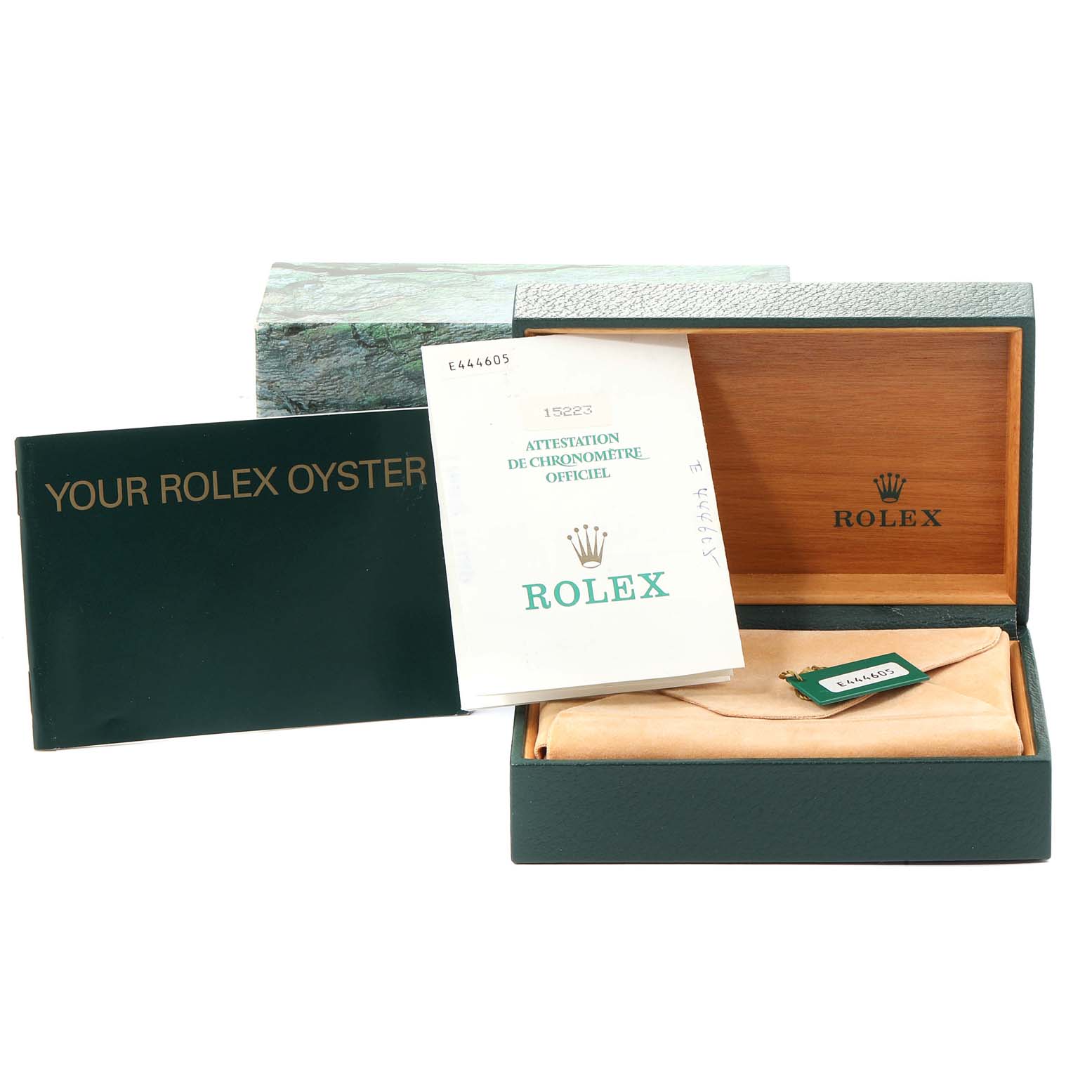 The image shows the packaging, documentation, and accessories for a Rolex Date 15223 Men's Steel and Gold (two tone) White Dial 15223 Men's Steel and Gold (two tone) White Dial model watch.