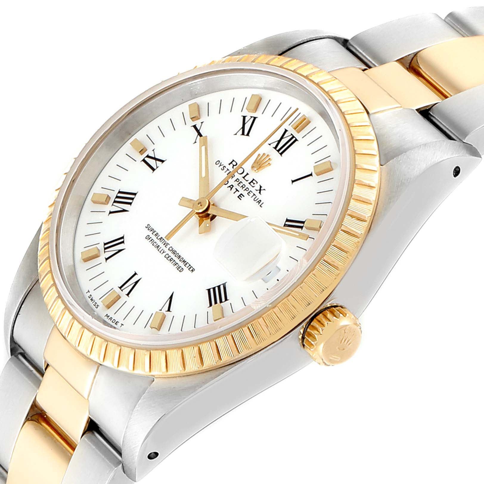 The Rolex Date 15223 Men's Steel and Gold (two tone) White Dial 15223 Men's Steel and Gold (two tone) White Dial model watch is shown at an angle highlighting the dial, bezel, crown, and part of the bracelet.