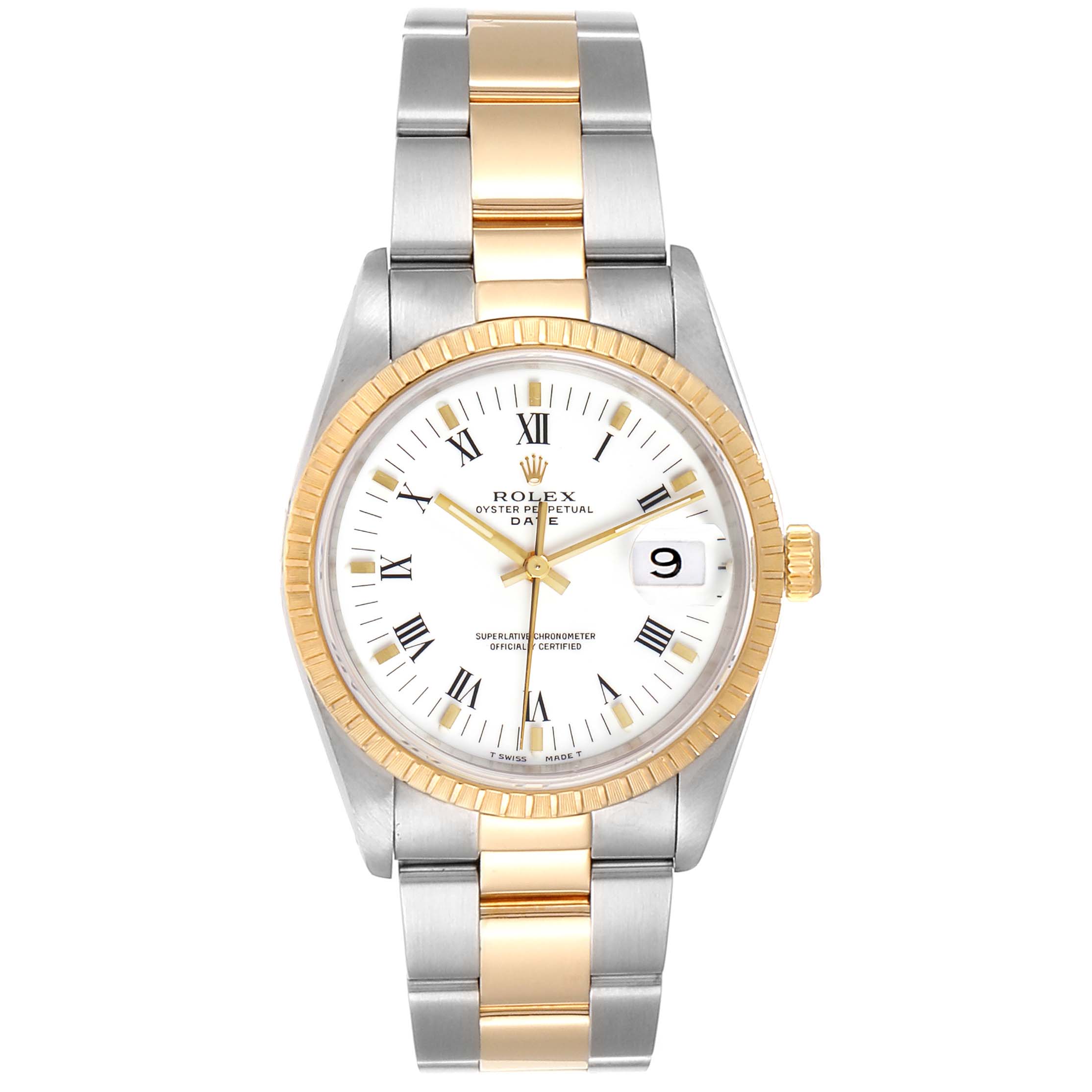 The image shows a frontal view of a Rolex Date 15223 Men's Steel and Gold (two tone) White Dial 15223 Men's Steel and Gold (two tone) White Dial model watch, highlighting its stainless steel and gold bracelet and white dial.