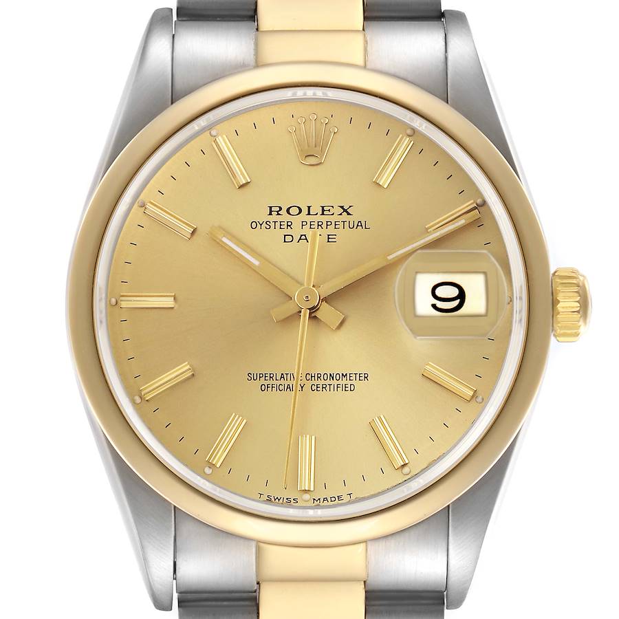 The image shows a frontal view of the Rolex Date, highlighting the gold dial, hour markers, hands, and date window.