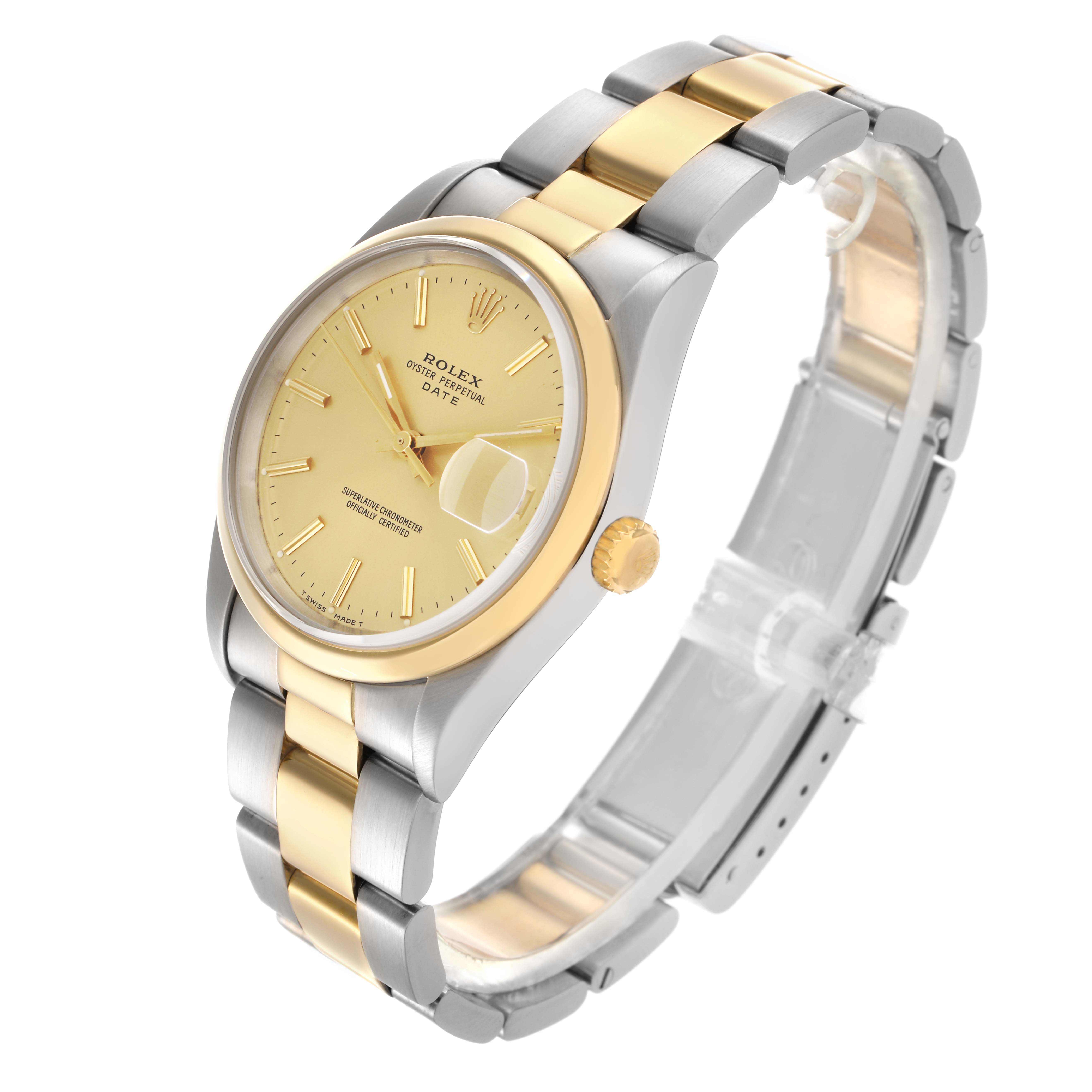 The Rolex Date 15203 Men
s Steel and Gold (two tone) Champagne Dial 15203 Men
s Steel and Gold (two tone) Champagne Dial watch is shown at a three-quarter angle, highlighting its two-tone bracelet, gold bezel, and face.
