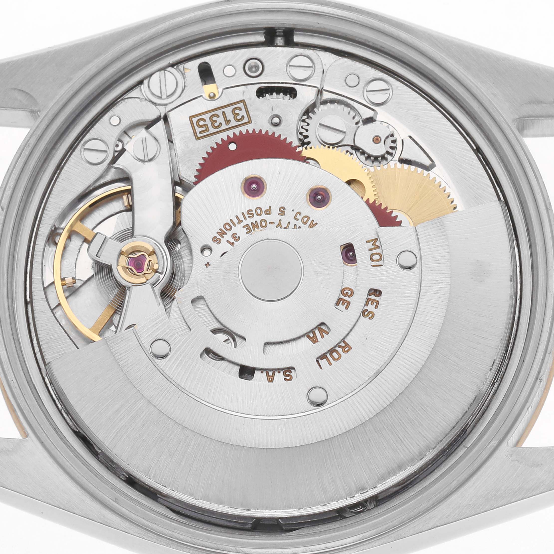 The image shows the internal movement of a Rolex Date 15203 Men
s Steel and Gold (two tone) Champagne Dial 15203 Men
s Steel and Gold (two tone) Champagne Dial watch from a top-down angle, highlighting gears and components.