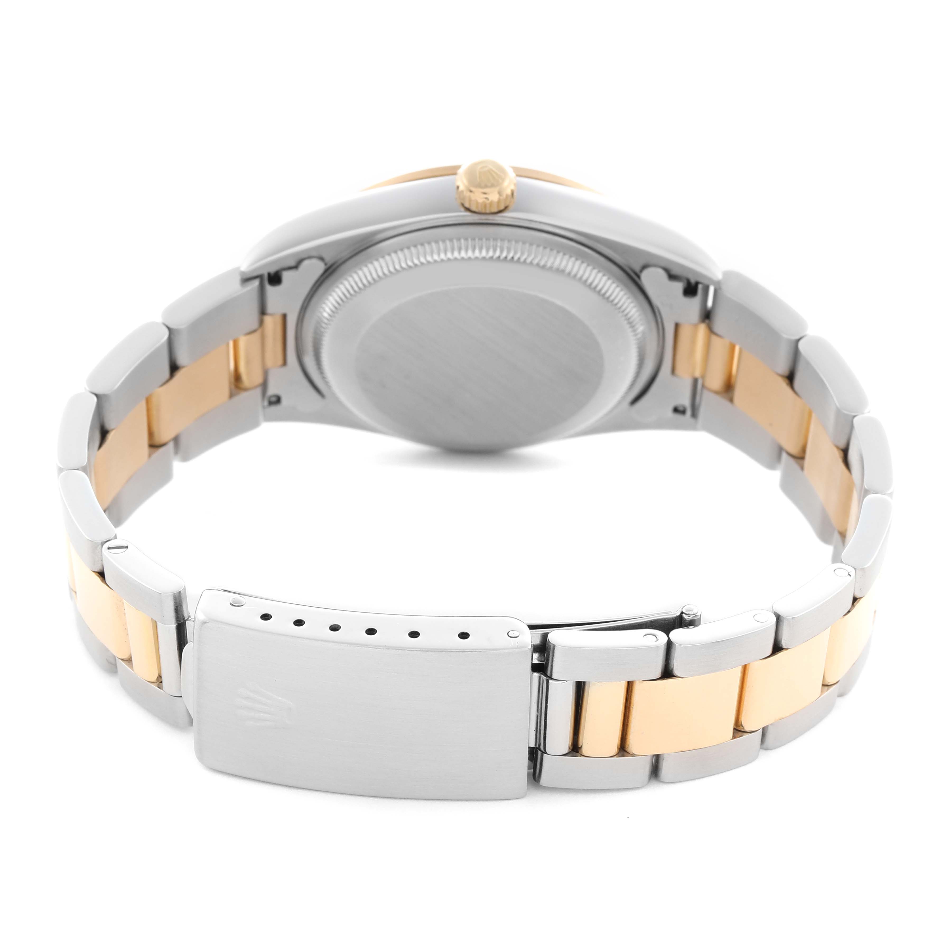 The Rolex Date 15203 Men
s Steel and Gold (two tone) Champagne Dial 15203 Men
s Steel and Gold (two tone) Champagne Dial model is shown from the back, highlighting the case back, crown, and two-tone bracelet with clasp.