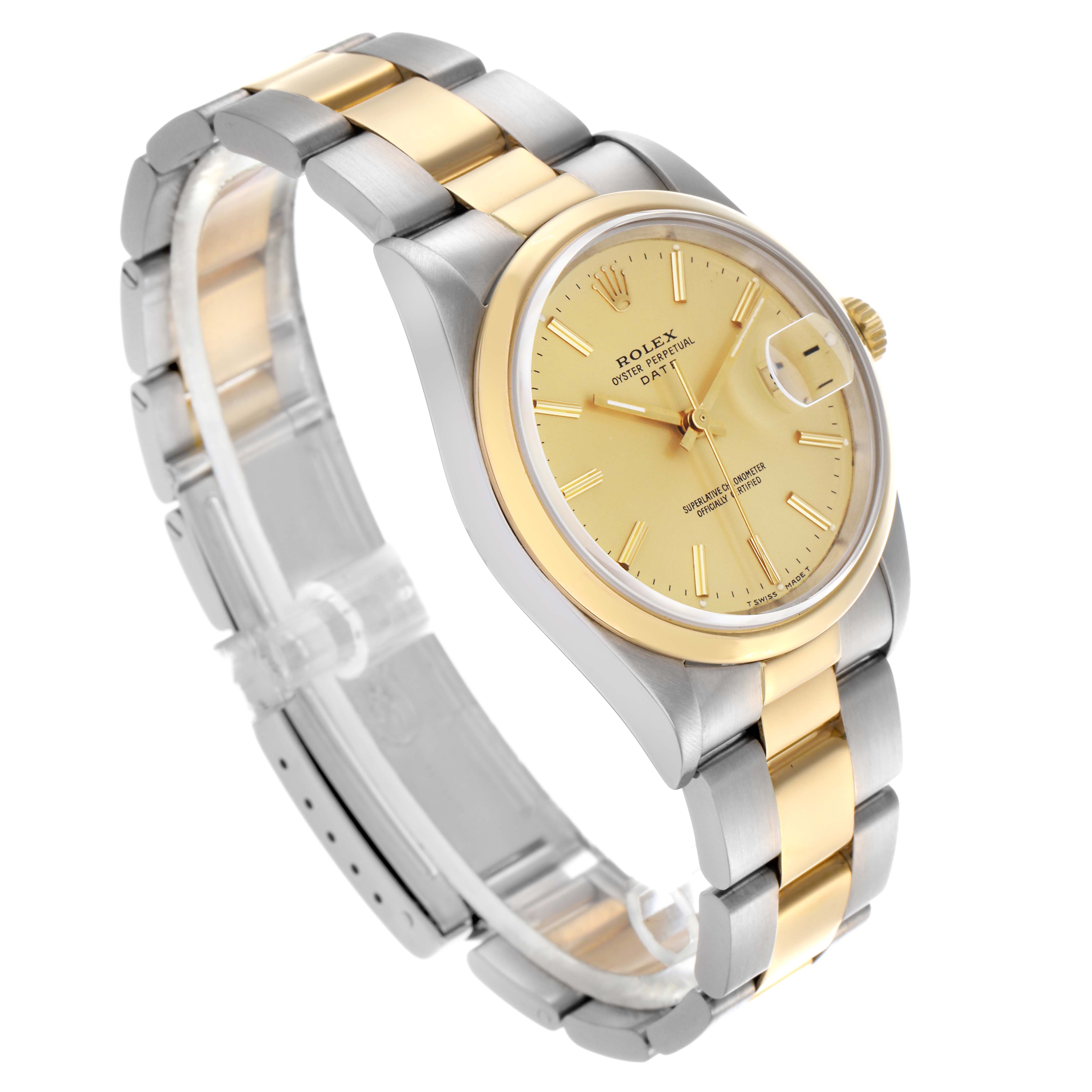 The Rolex Date 15203 Men
s Steel and Gold (two tone) Champagne Dial 15203 Men
s Steel and Gold (two tone) Champagne Dial model watch is shown at a three-quarter angle, highlighting its gold and silver bracelet, dial, and cyclops lens.