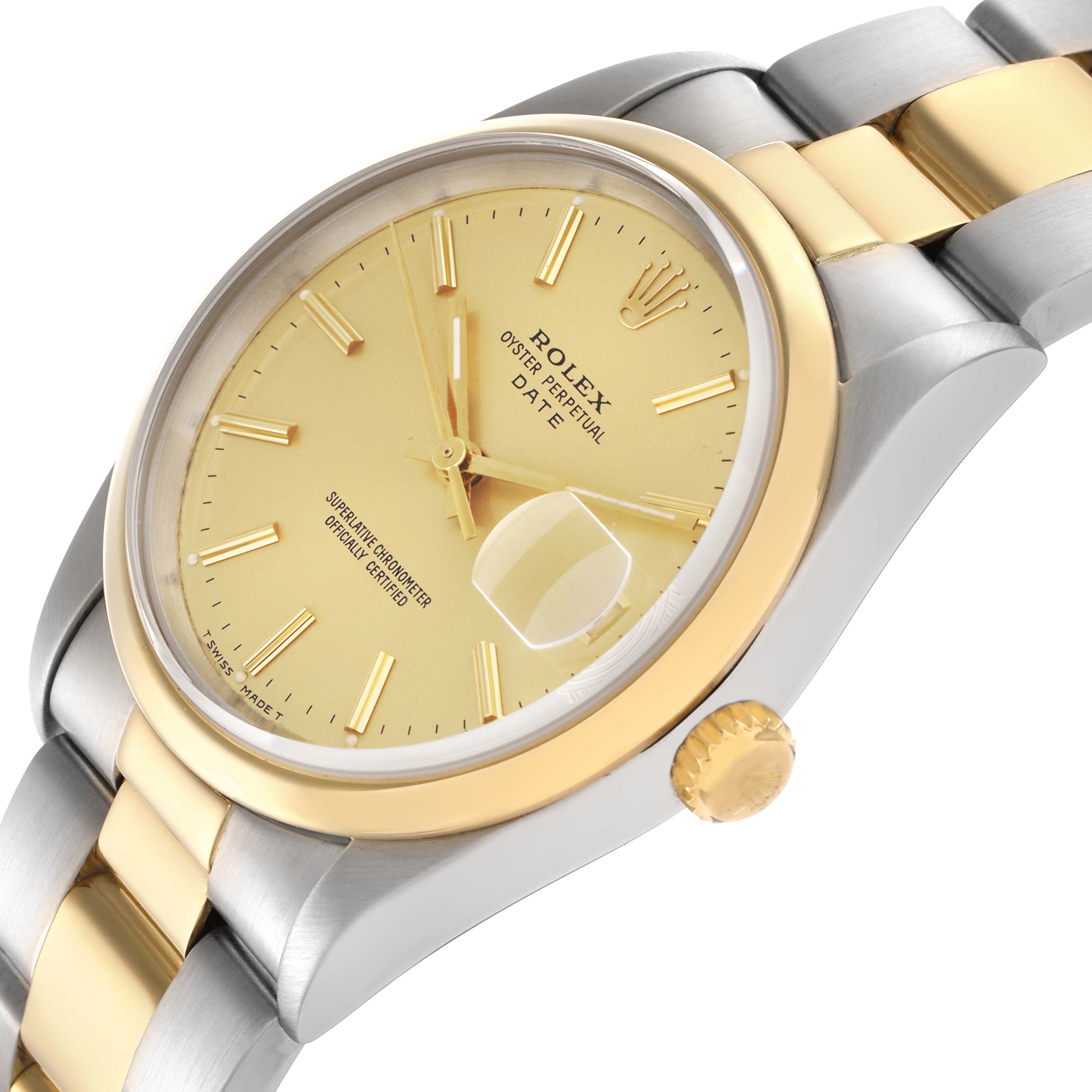 The Rolex Date 15203 Men
s Steel and Gold (two tone) Champagne Dial 15203 Men
s Steel and Gold (two tone) Champagne Dial model watch is shown at an angled close-up, highlighting the dial, bezel, crown, and part of the bracelet.