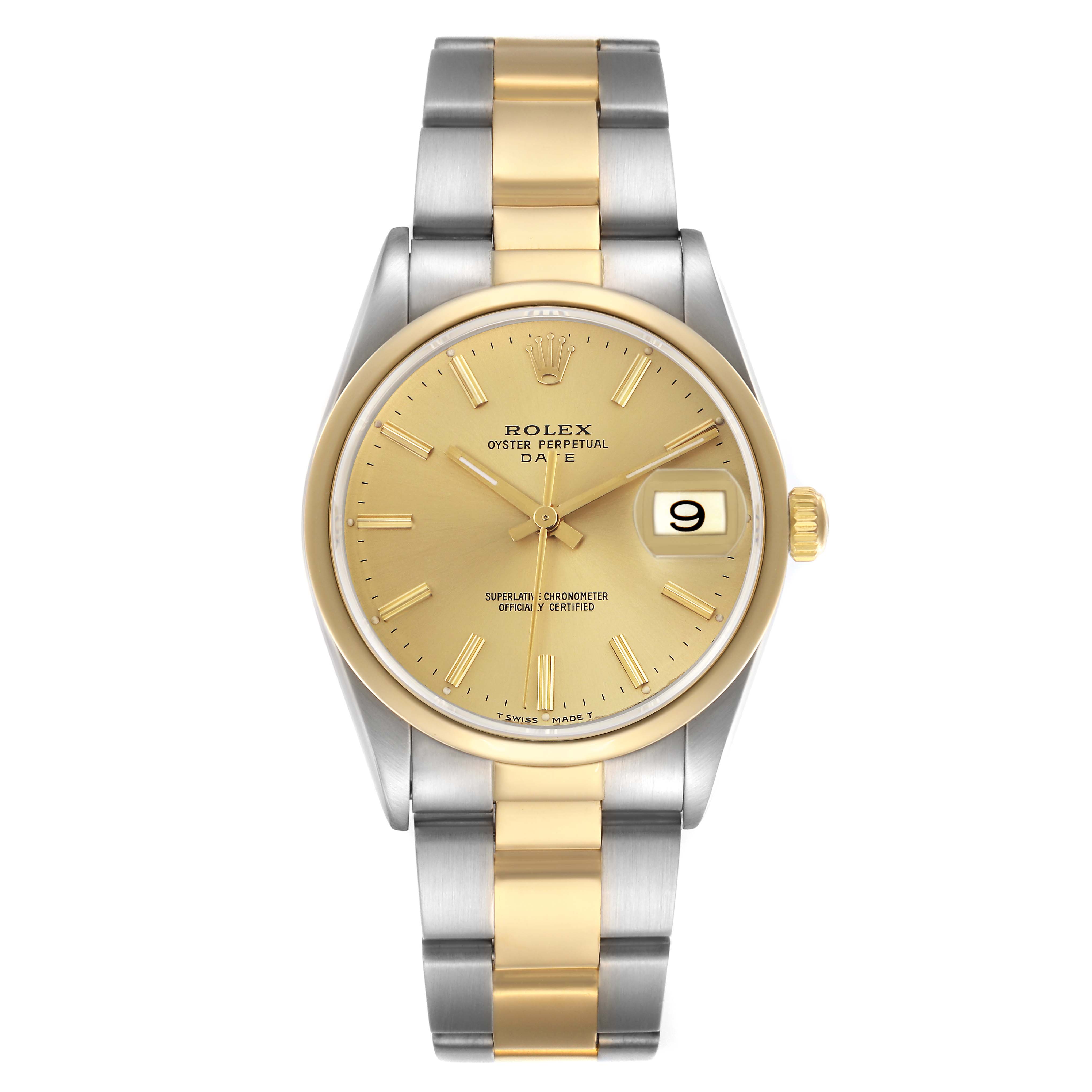 The Rolex Date 15203 Men
s Steel and Gold (two tone) Champagne Dial 15203 Men
s Steel and Gold (two tone) Champagne Dial model watch is shown from a top view, displaying its dial, case, bezel, crown, and two-tone bracelet.