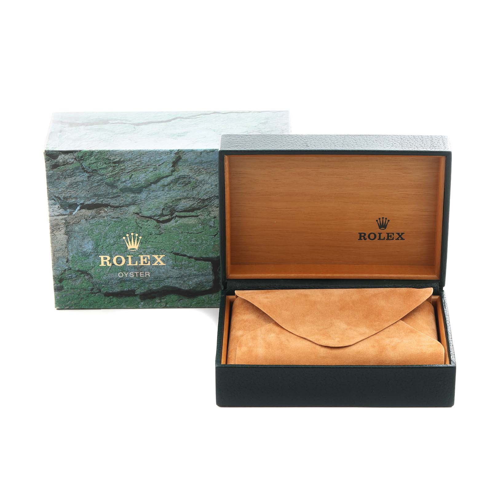 The image shows a Rolex Date 15203 Men
s Steel and Gold (two tone) Champagne Dial 15203 Men
s Steel and Gold (two tone) Champagne Dial model box and suede pouch, with the box open revealing the branded interior.
