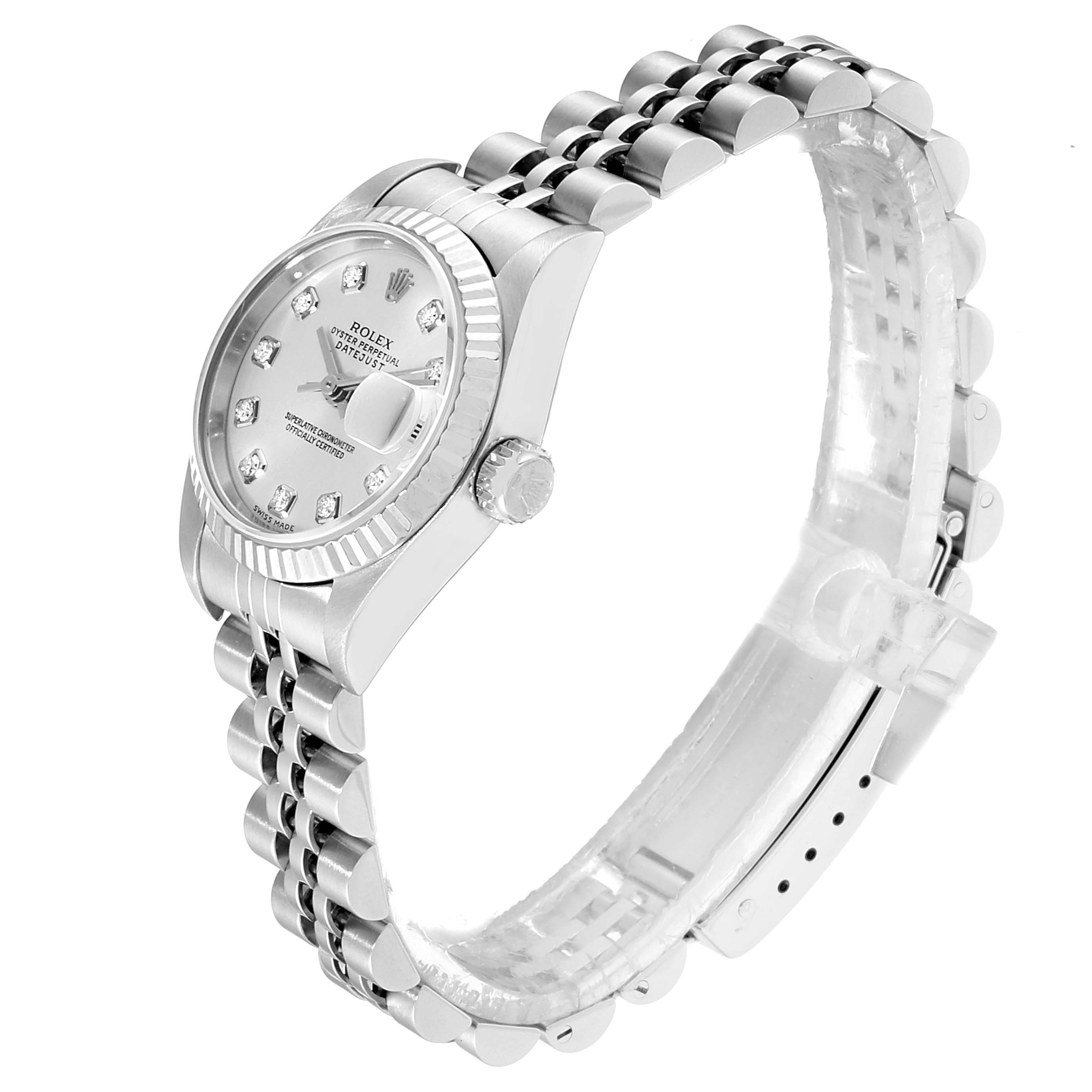 The Rolex Datejust 79174 Women's Stainless Steel Silver Dial 79174 Women's Stainless Steel Silver Dial watch is shown at a three-quarter angle, highlighting the dial, bezel, case, crown, and bracelet.