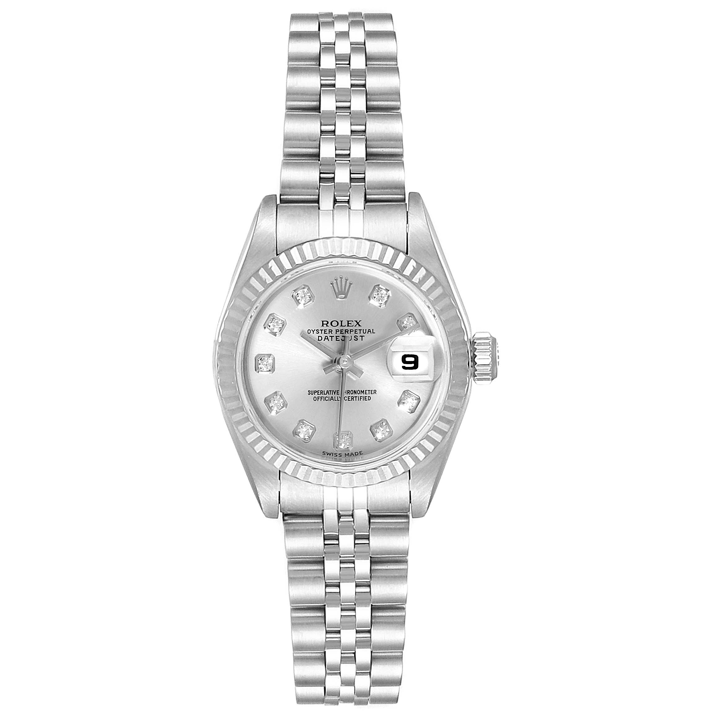 The Rolex Datejust 79174 Women's Stainless Steel Silver Dial 79174 Women's Stainless Steel Silver Dial watch is shown from a top-down angle displaying the face, bezel, and bracelet.